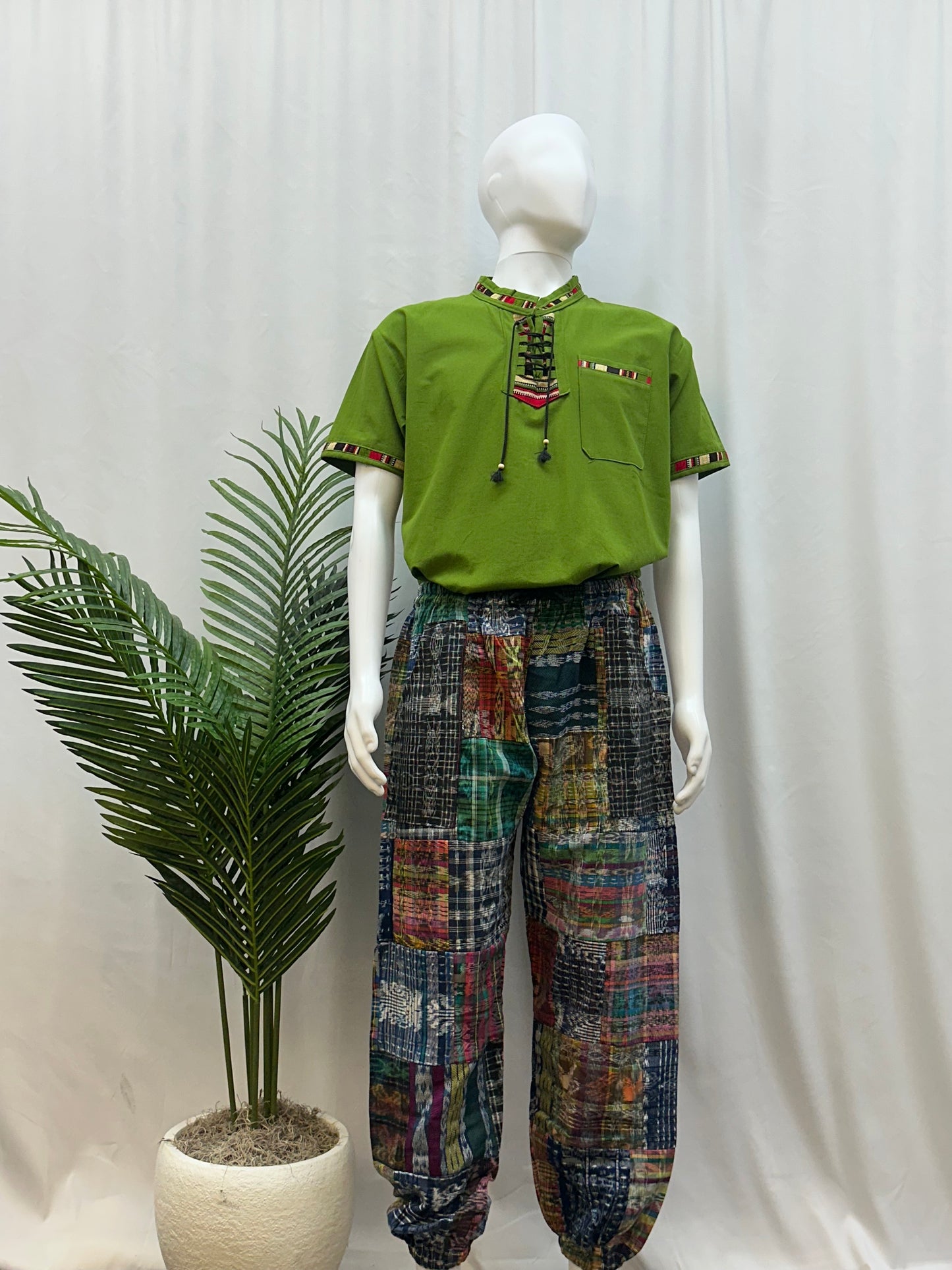 Men's Guatemalan Embroidered Draw String Collard Shirt