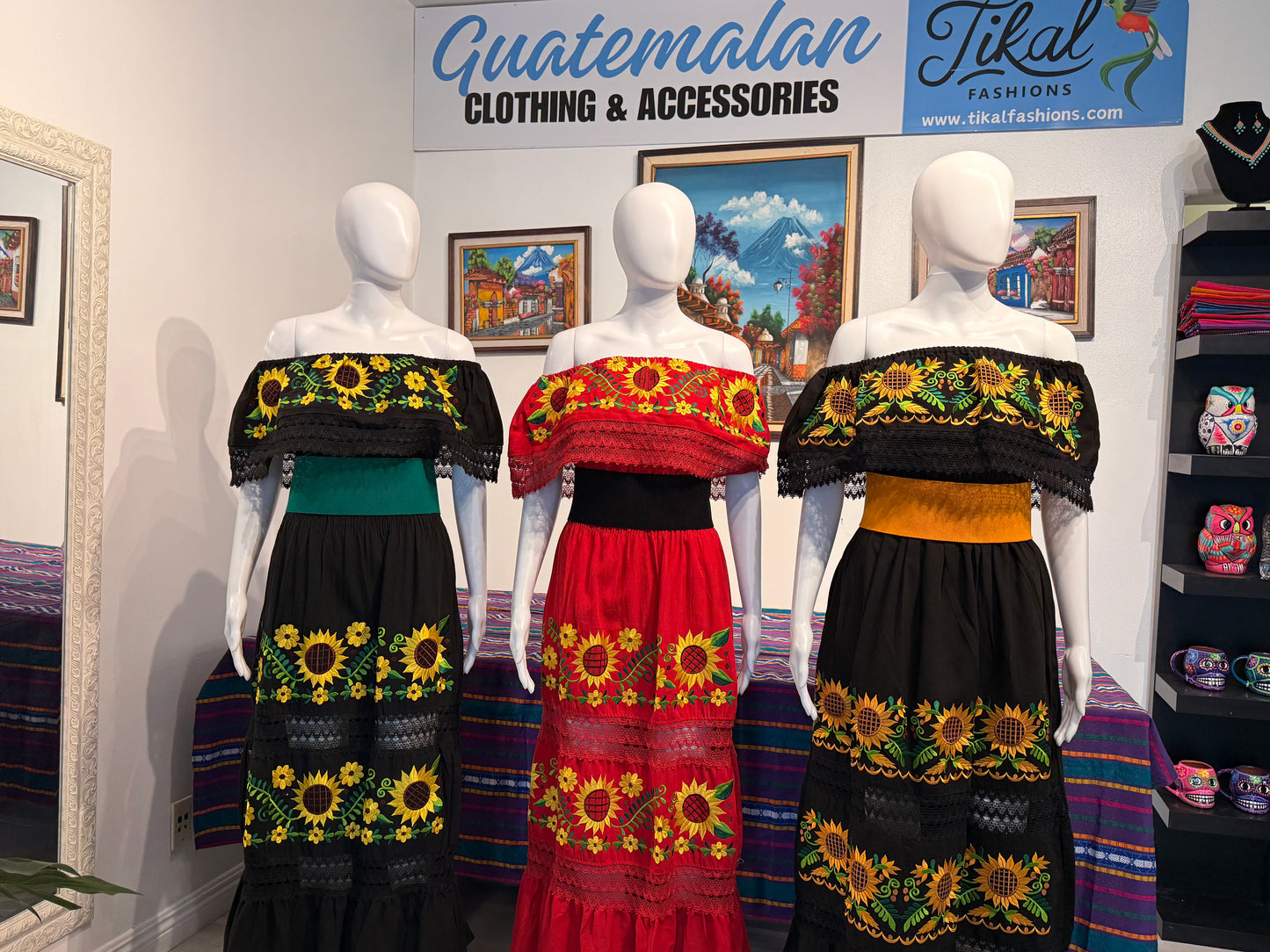 Women's Mexican Sunflower Embroidered Dress with Belt
