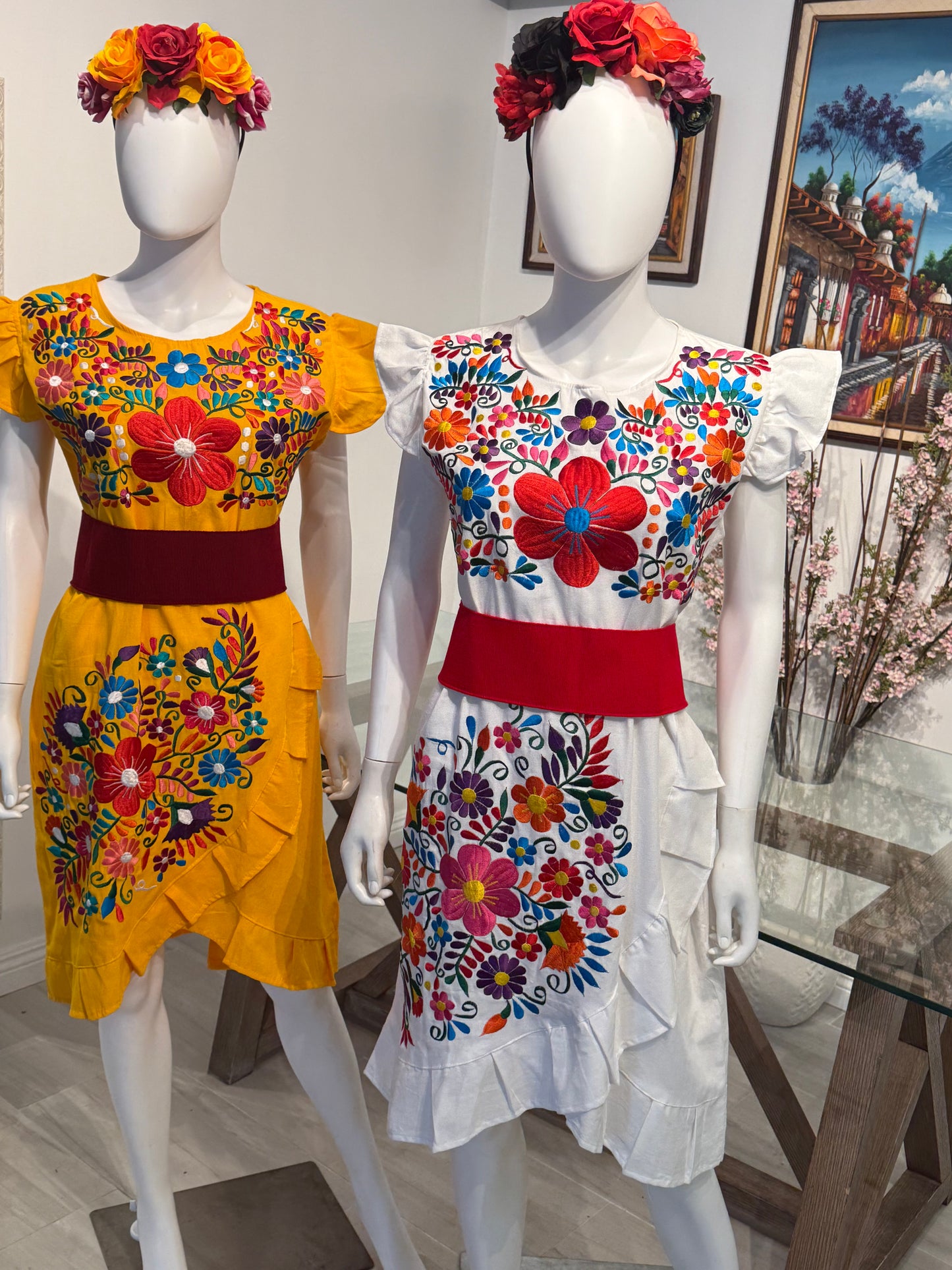 Women's Mexican Embroidered Floral Dress with Slit