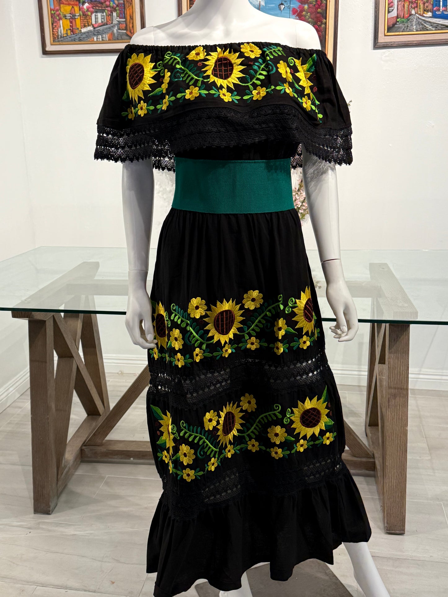 Women's Mexican Sunflower Embroidered Dress