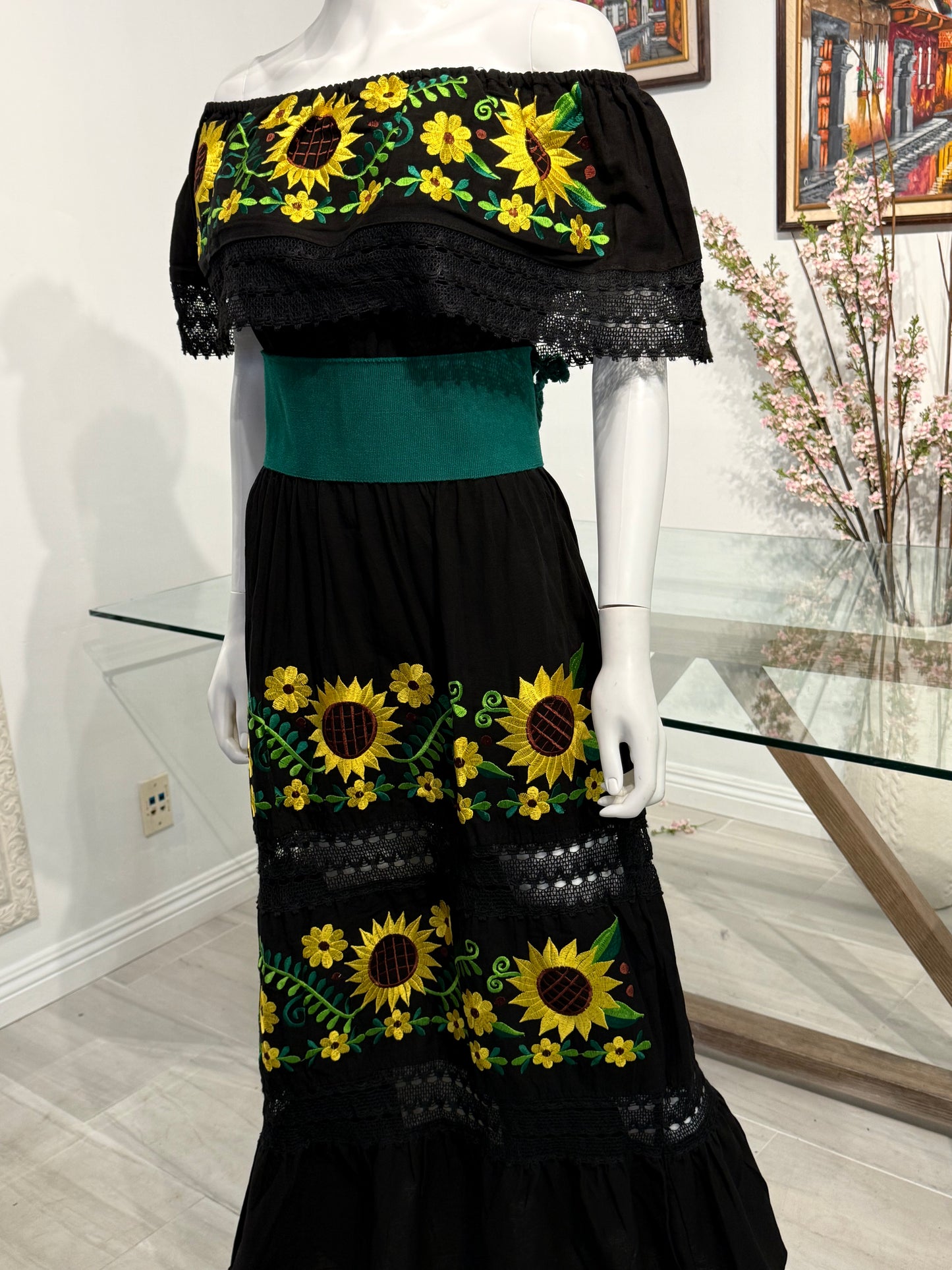 Women's Mexican Sunflower Embroidered Dress