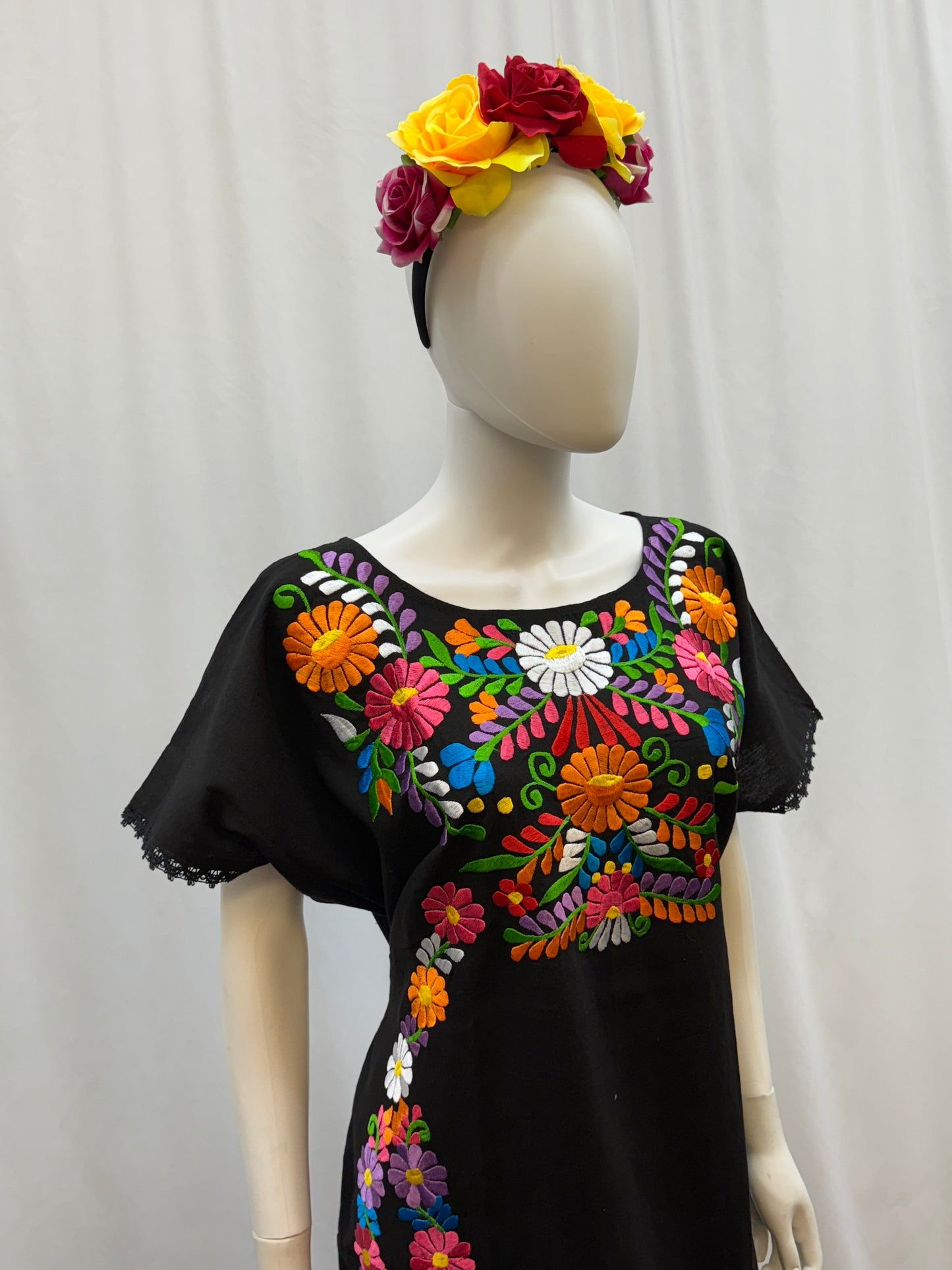 Women's Mexican Embroidered Floral Dress with Slit