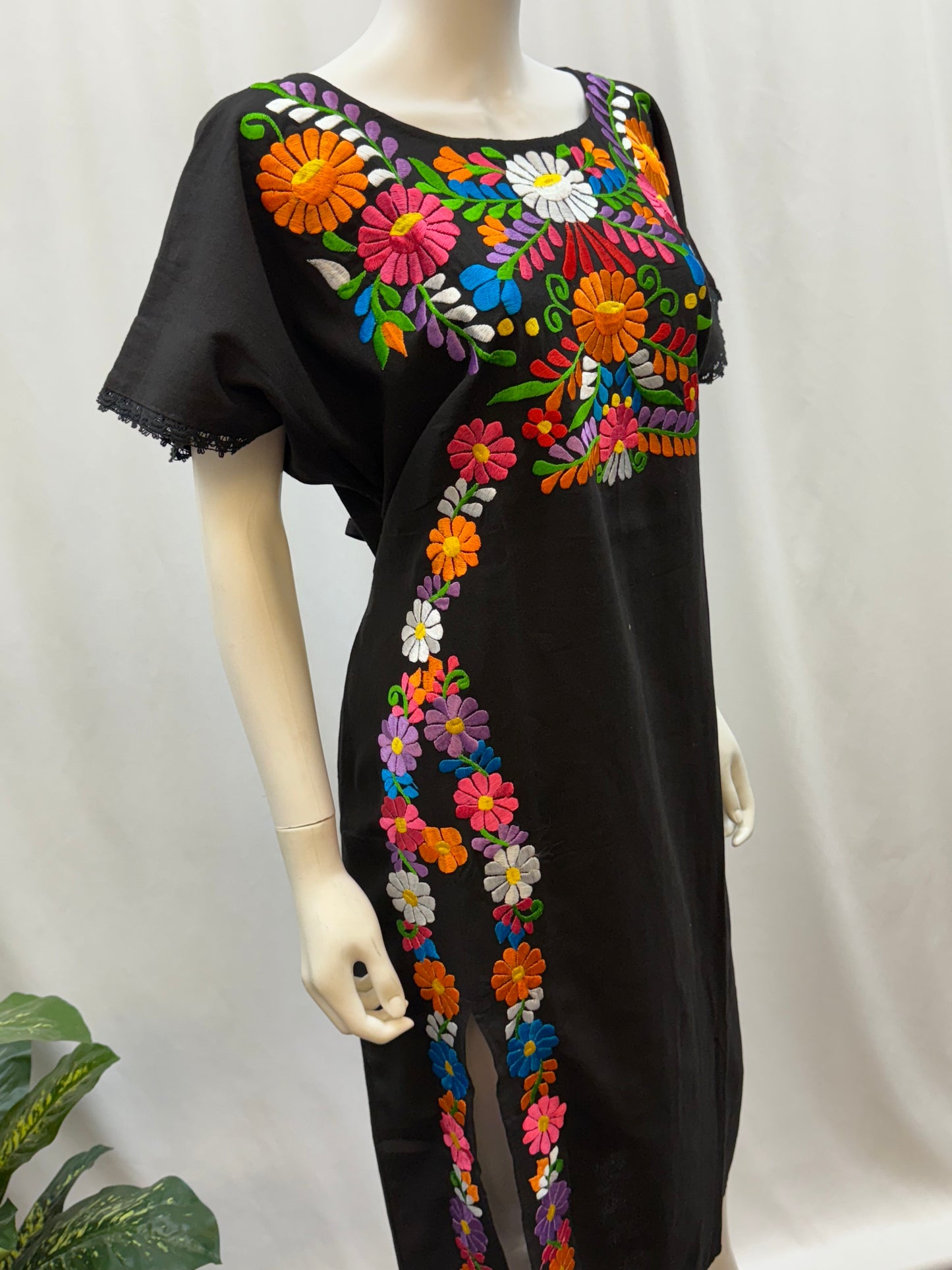 Women's Mexican Embroidered Floral Dress with Slit