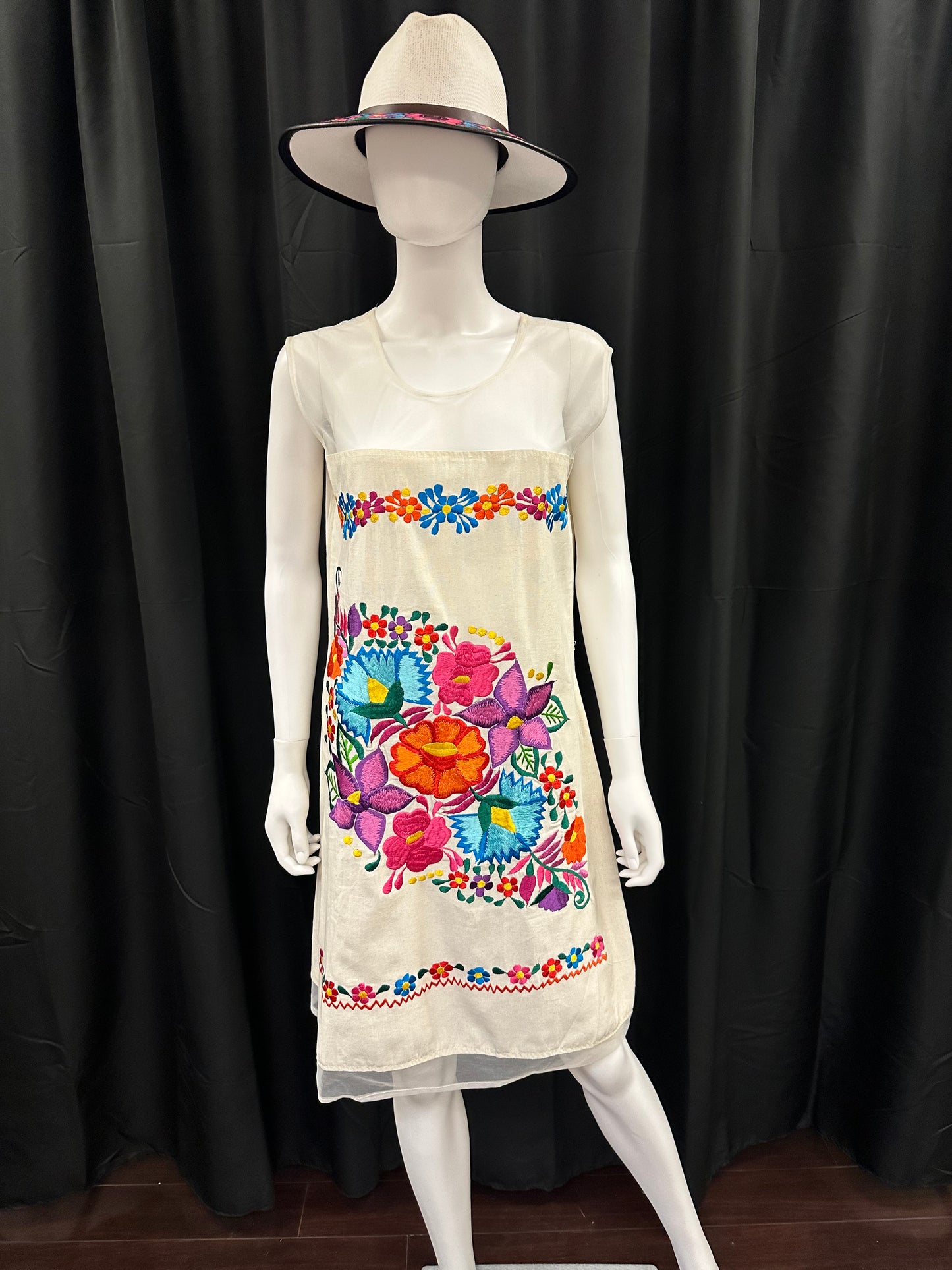 Women's Mexican Embroidered Sleeveless Floral Dress with Tulle