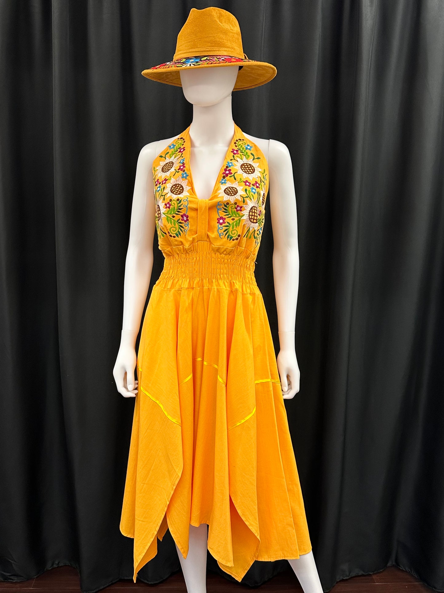 Women's Mexican Embroidered Sunflower High Low Halter Dress