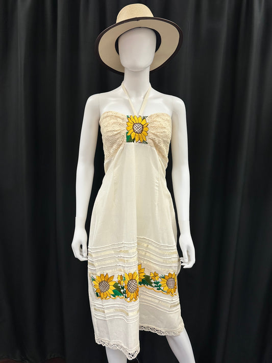 Women's Mexican Embroidered Sunflower Halter Dress