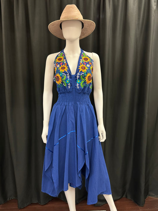 Women's Mexican Embroidered Sunflower High Low Halter Dress