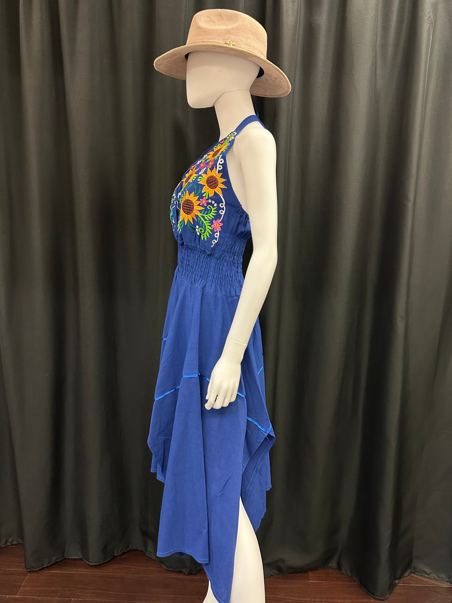 Women's Mexican Embroidered Sunflower High Low Halter Dress