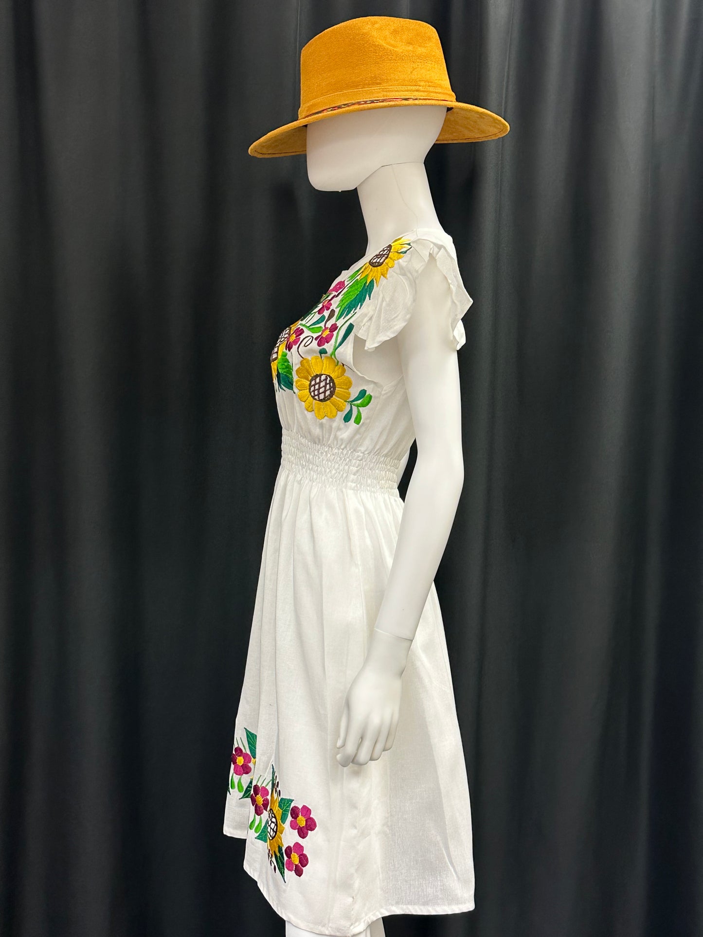 Women's Mexican Embroidered Sunflower Short Sleeve Dress