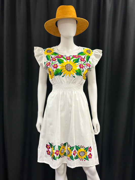 Women's Mexican Embroidered Sunflower Short Sleeve Dress