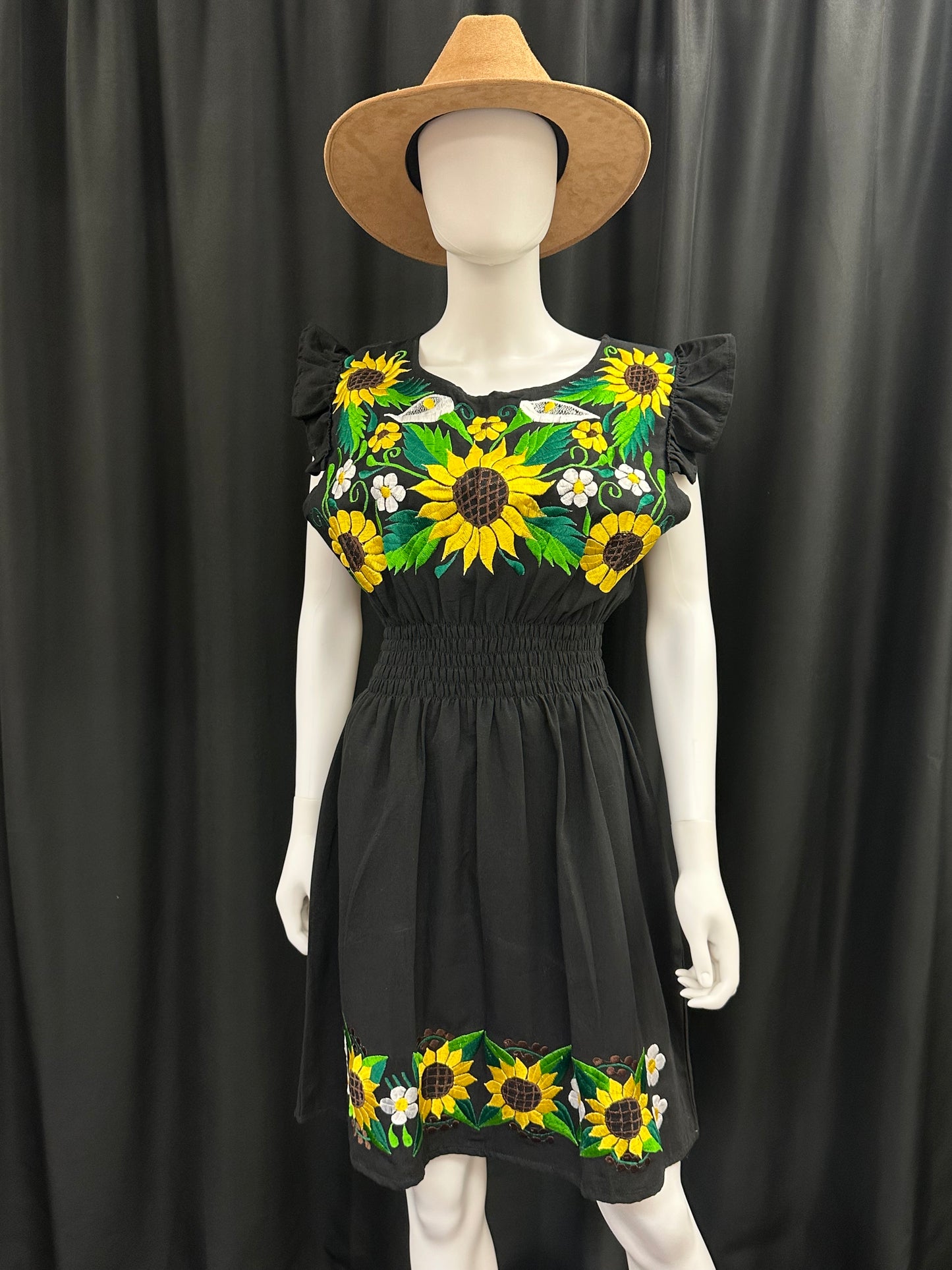 Women's Mexican Embroidered Sunflower Short Sleeve Dress