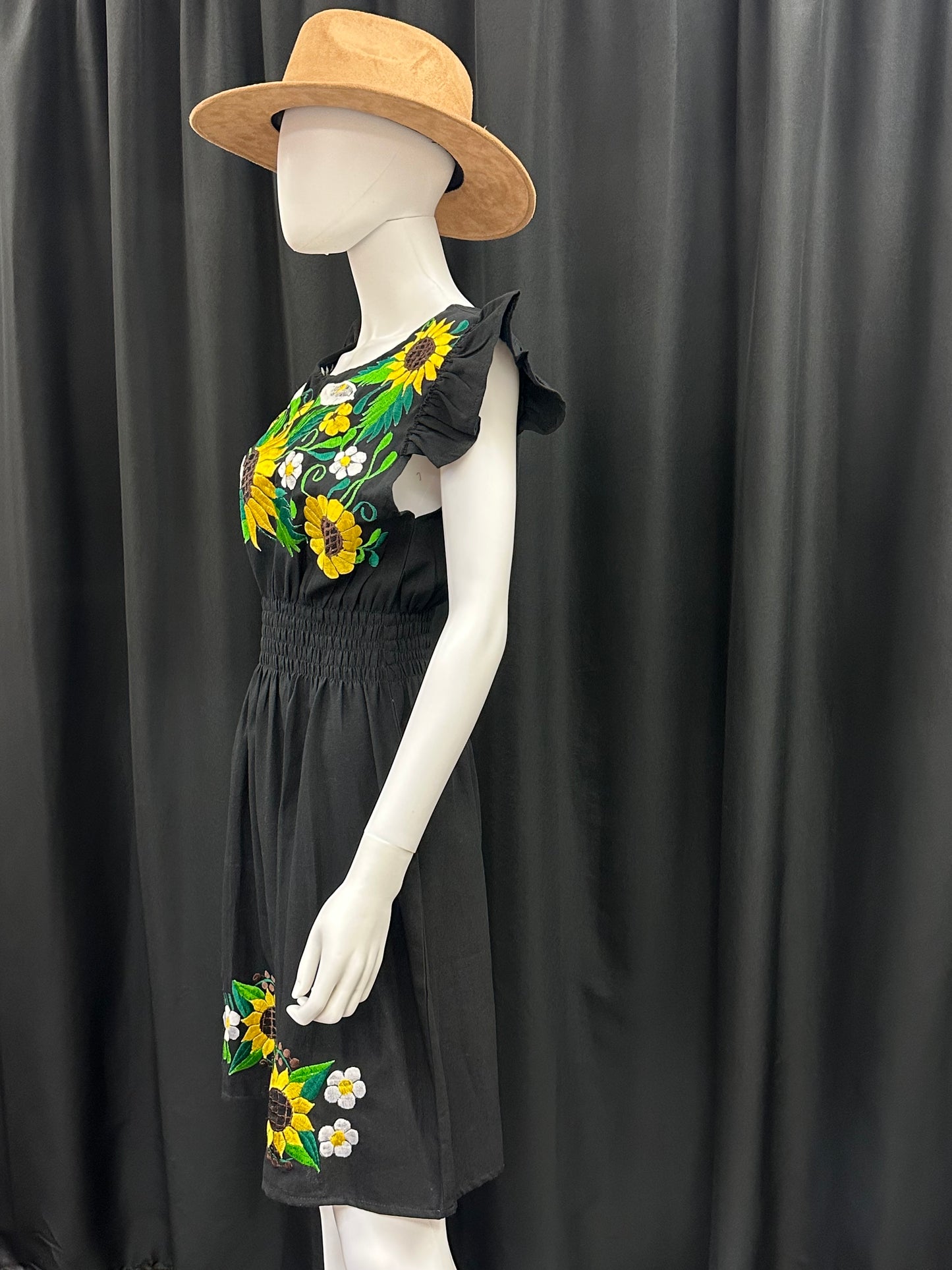 Women's Mexican Embroidered Sunflower Short Sleeve Dress