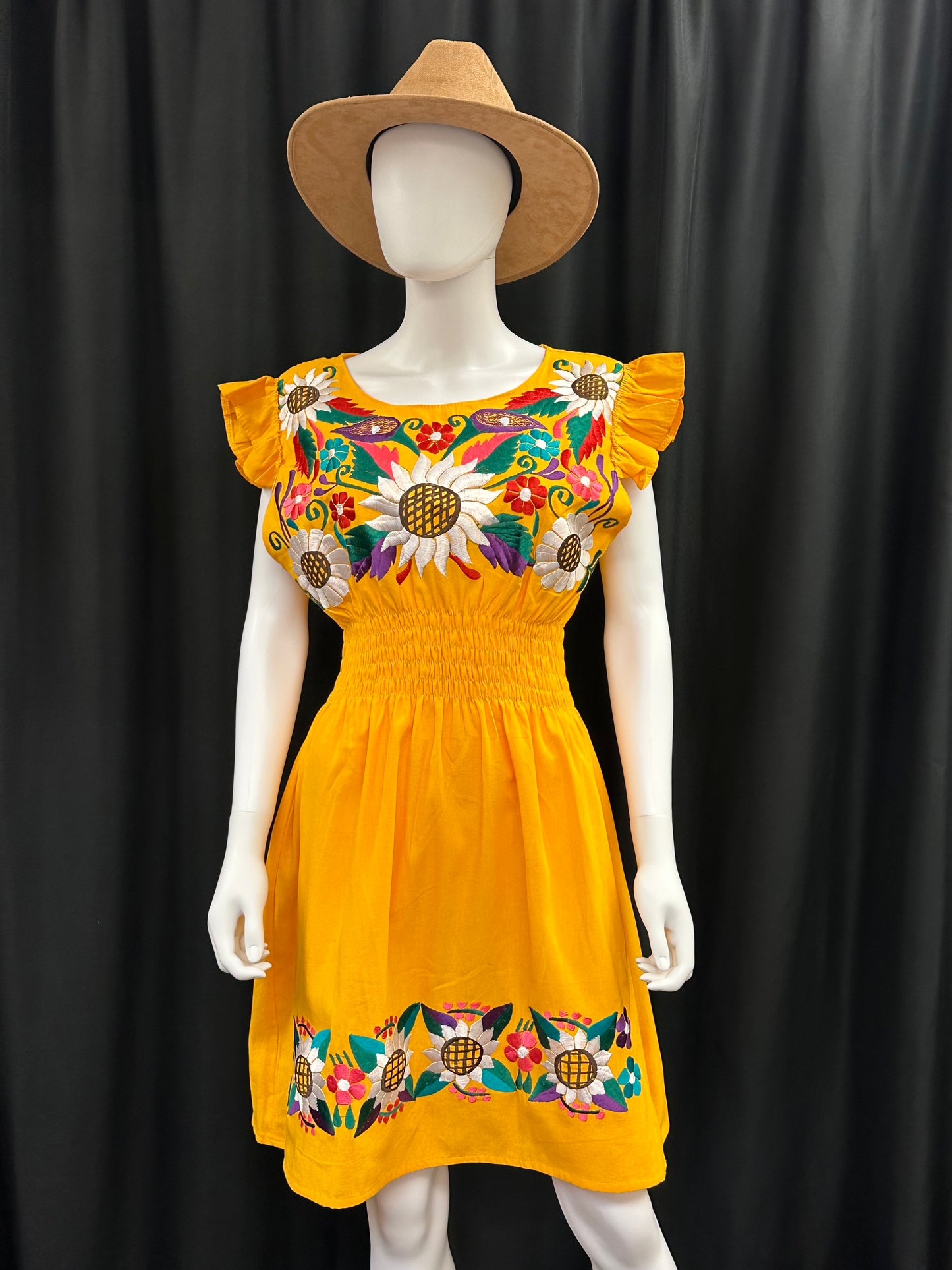 Women's Mexican Embroidered Sunflower Short Sleeve Dress