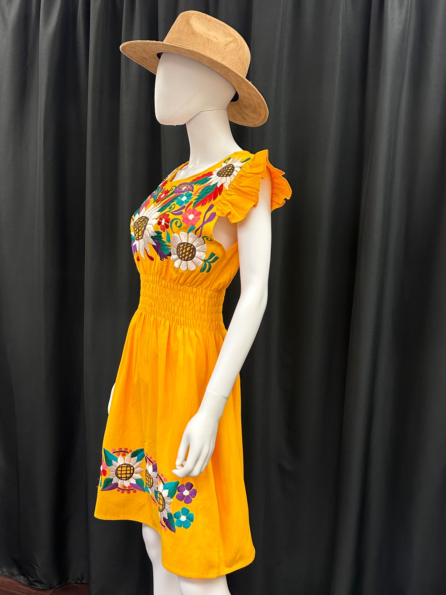 Women's Mexican Embroidered Sunflower Short Sleeve Dress