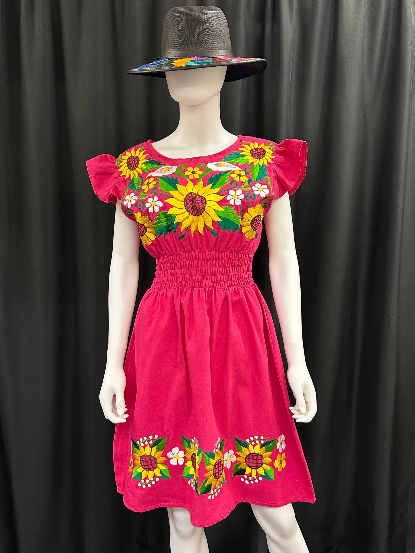 Women's Mexican Embroidered Sunflower Short Sleeve Dress