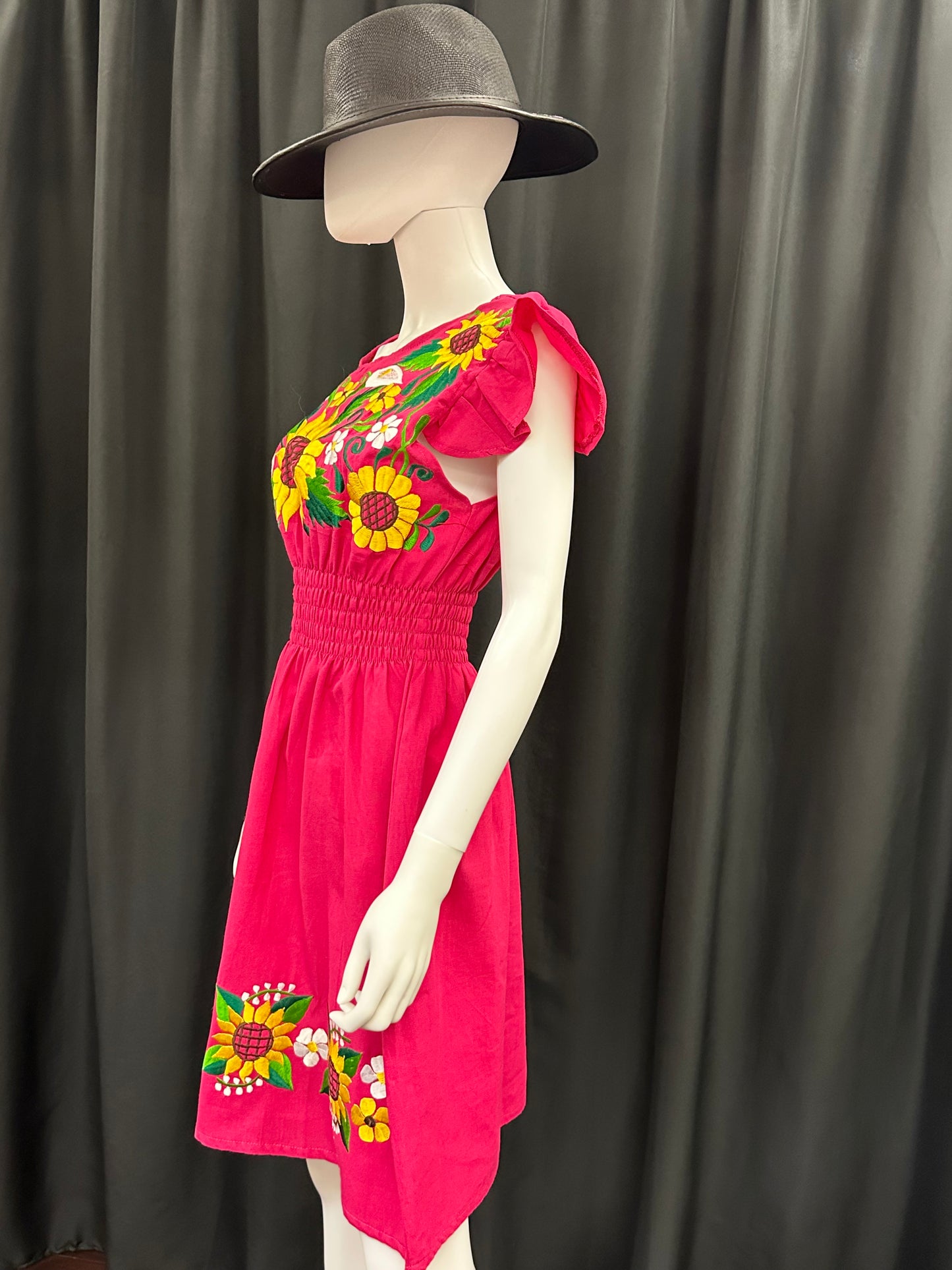 Women's Mexican Embroidered Sunflower Short Sleeve Dress