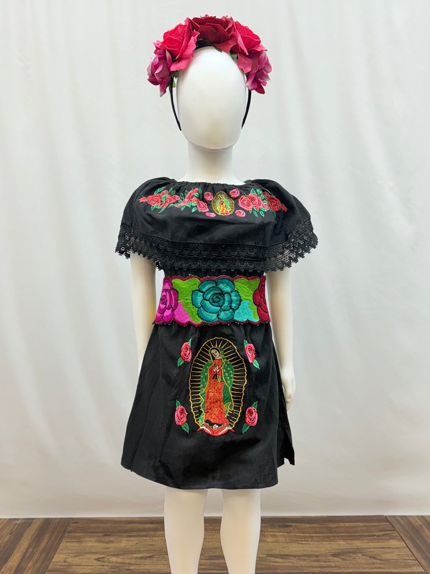 Girl's Virgen de Guadalupe Embroidered Dress with Belt