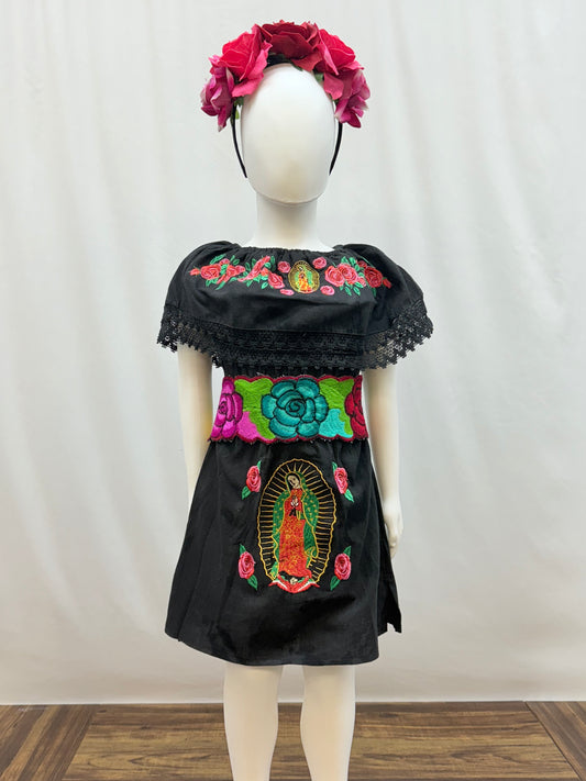 Girl's Virgen de Guadalupe Embroidered Dress with Belt