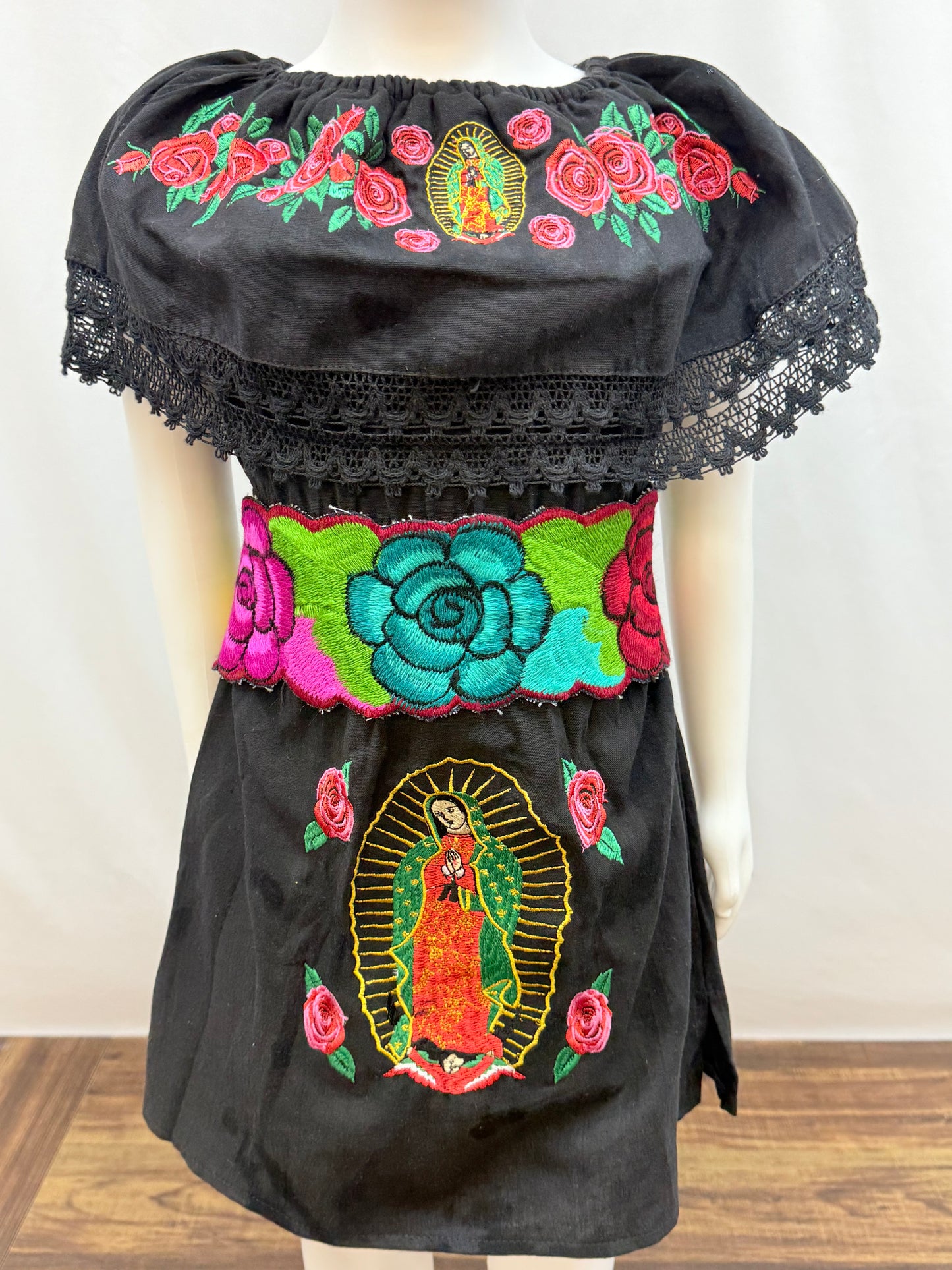 Girl's Virgen de Guadalupe Embroidered Dress with Belt