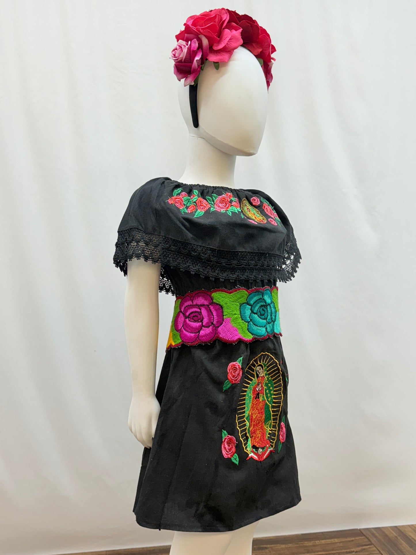 Girl's Virgen de Guadalupe Embroidered Dress with Belt