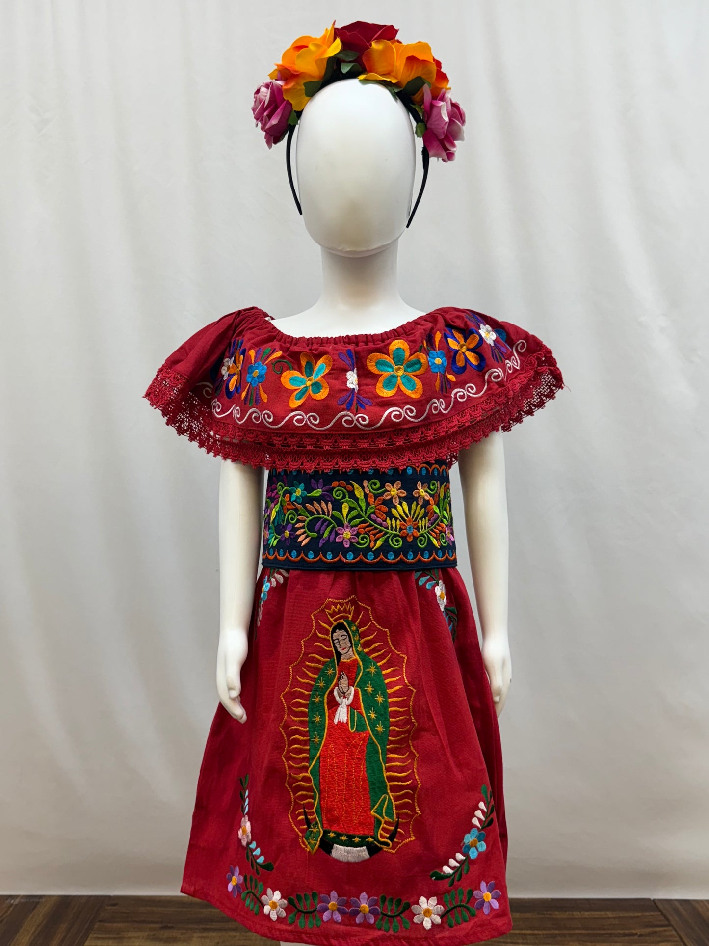 Girl's Virgen de Guadalupe Embroidered Dress with Belt