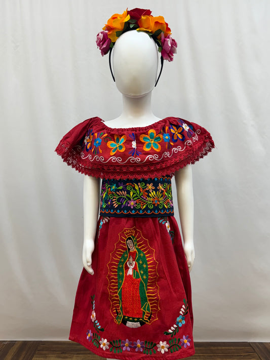 Girl's Virgen de Guadalupe Embroidered Dress with Belt