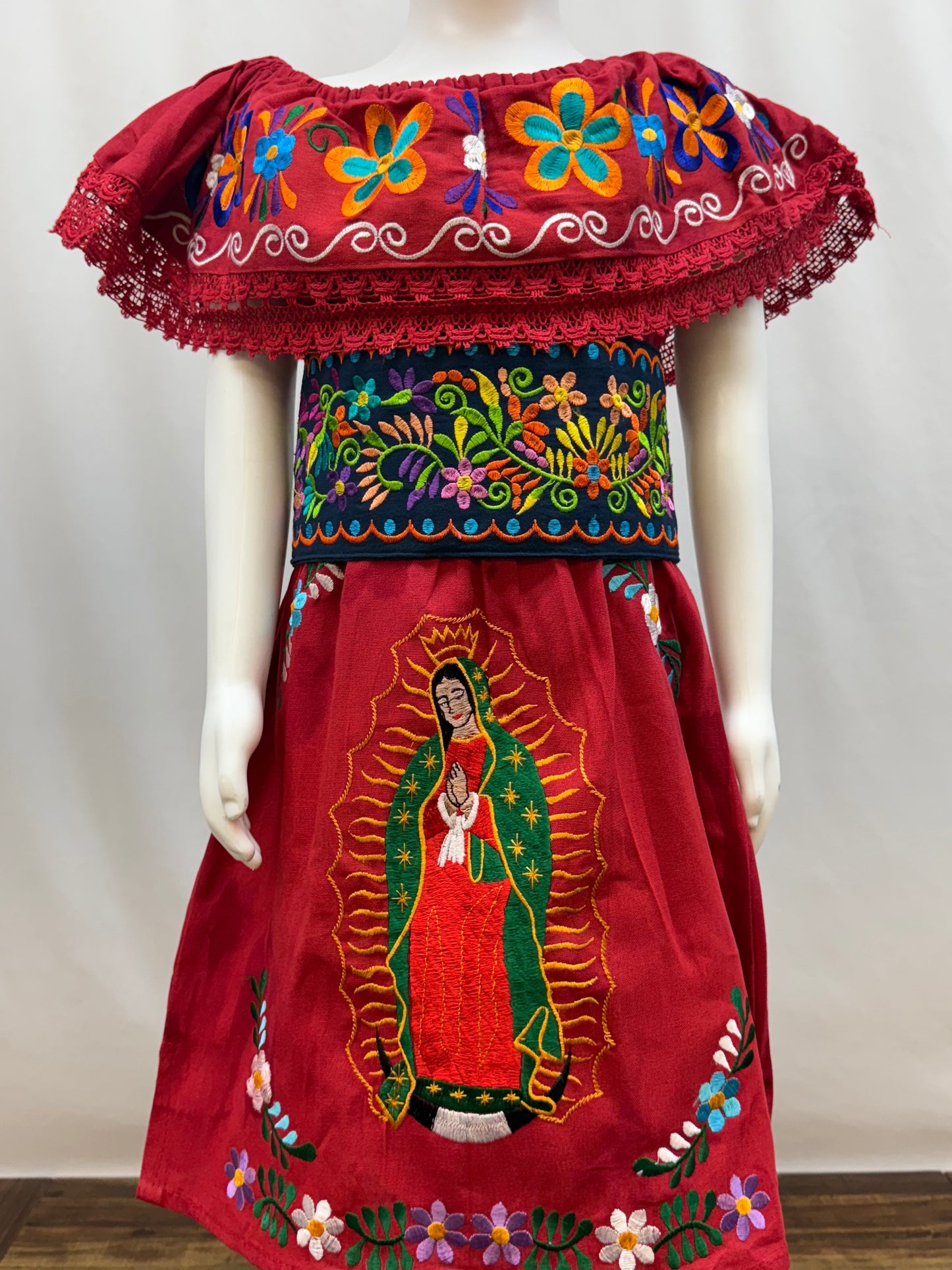 Girl's Virgen de Guadalupe Embroidered Dress with Belt