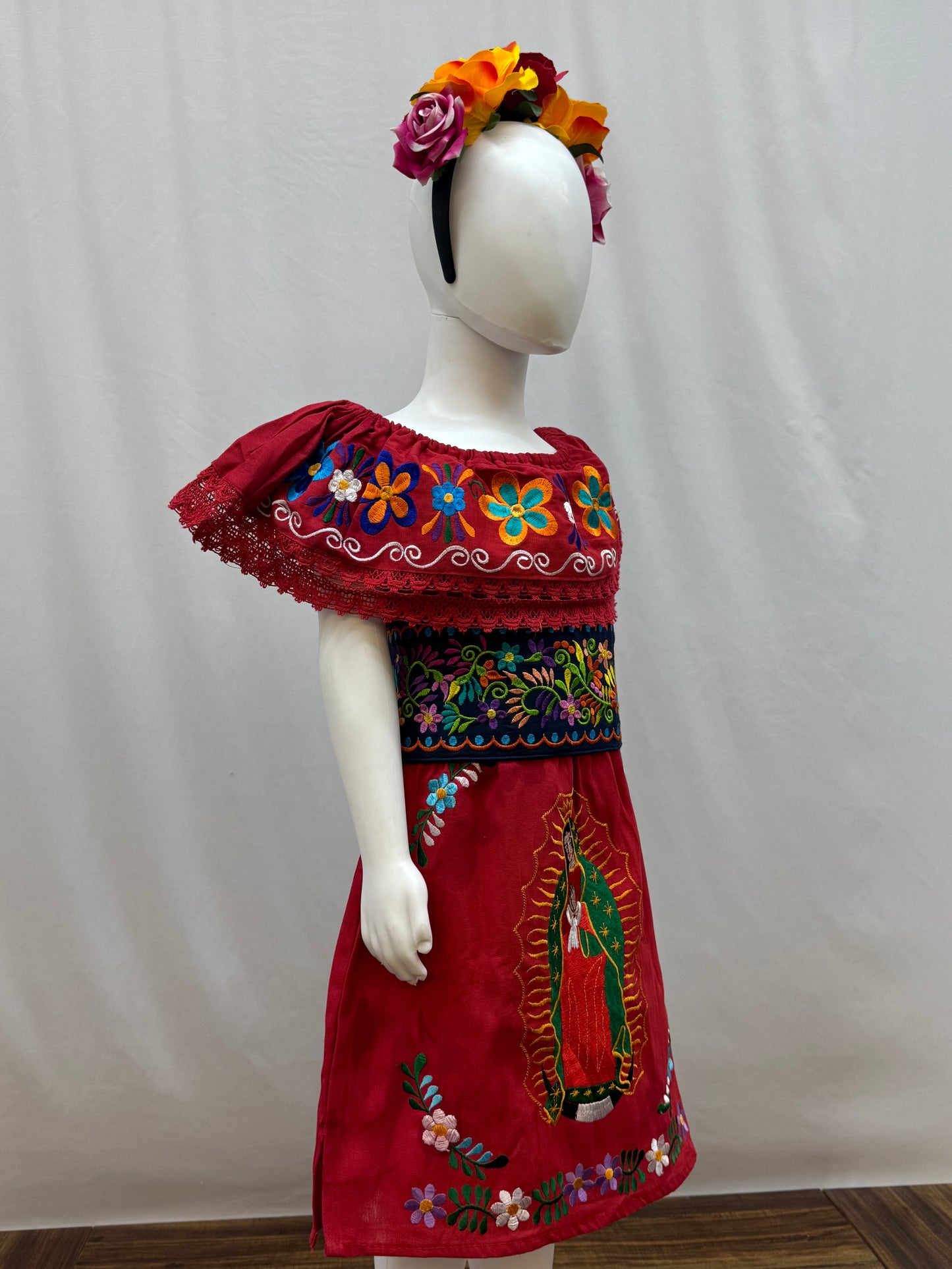 Girl's Virgen de Guadalupe Embroidered Dress with Belt