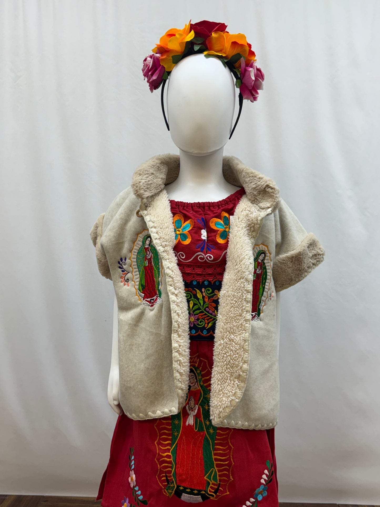 Girl's Virgen de Guadalupe Embroidered Dress with Belt