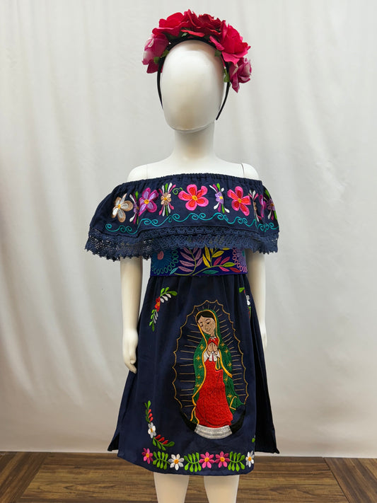 Girl's Virgen de Guadalupe Embroidered Dress with Belt