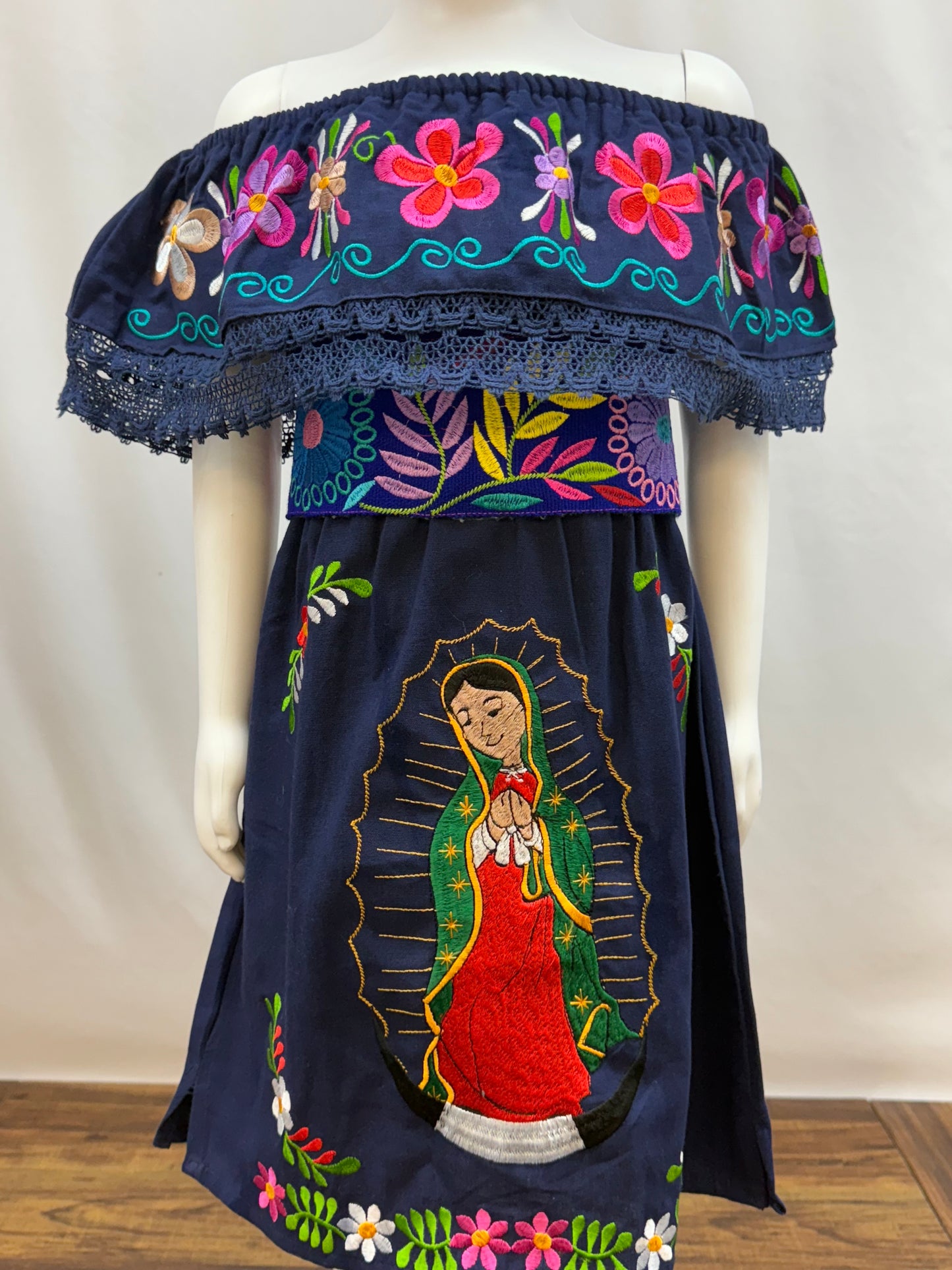 Girl's Virgen de Guadalupe Embroidered Dress with Belt
