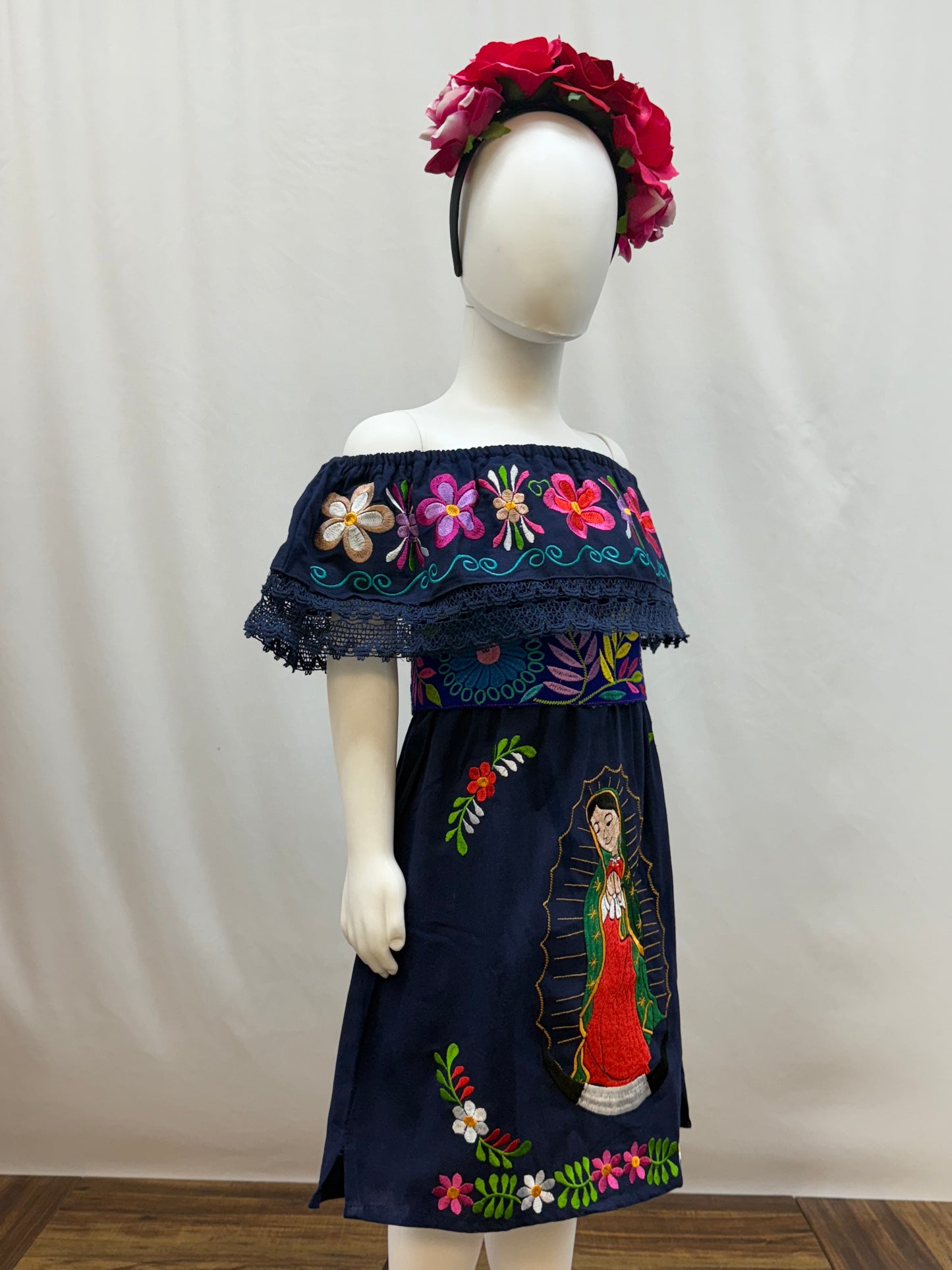 Girl's Virgen de Guadalupe Embroidered Dress with Belt