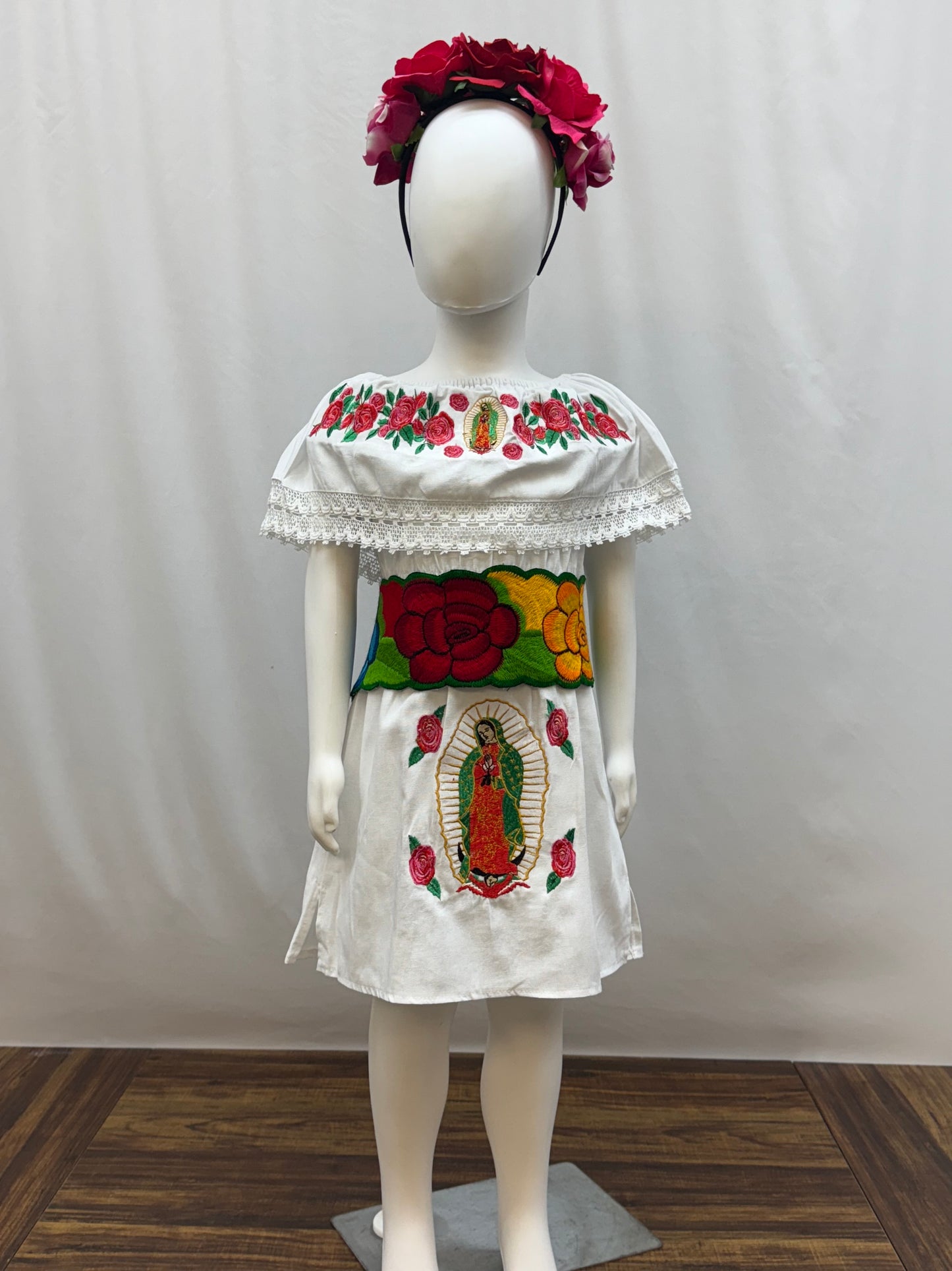 Girl's Virgen de Guadalupe Embroidered Dress with Belt