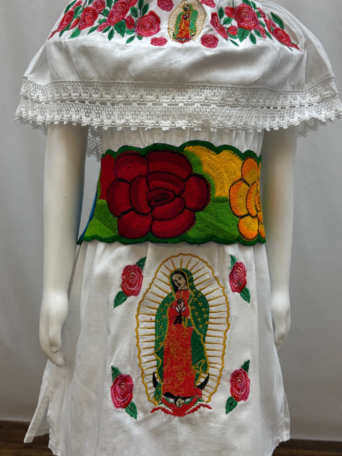 Girl's Virgen de Guadalupe Embroidered Dress with Belt