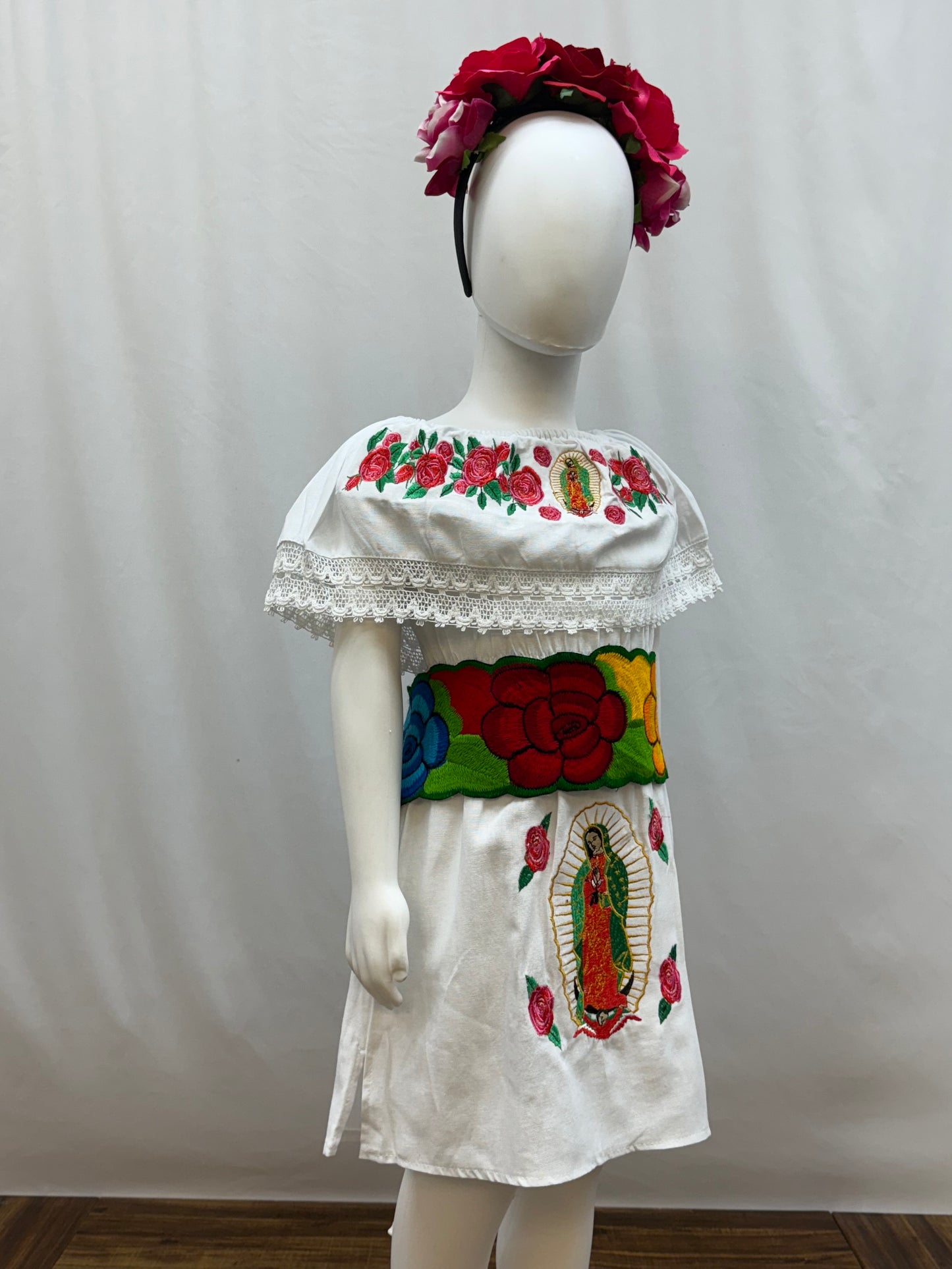 Girl's Virgen de Guadalupe Embroidered Dress with Belt