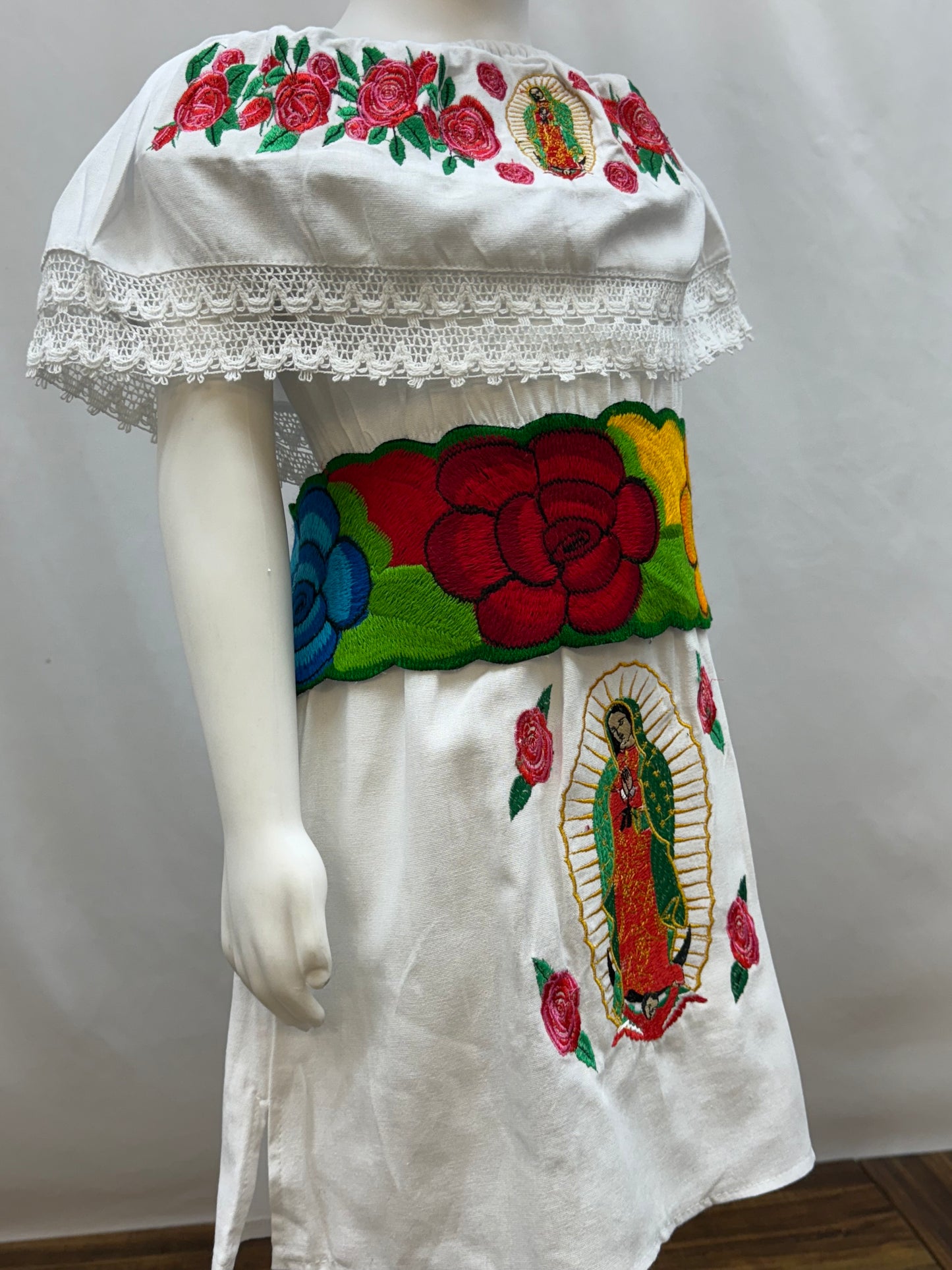 Girl's Virgen de Guadalupe Embroidered Dress with Belt