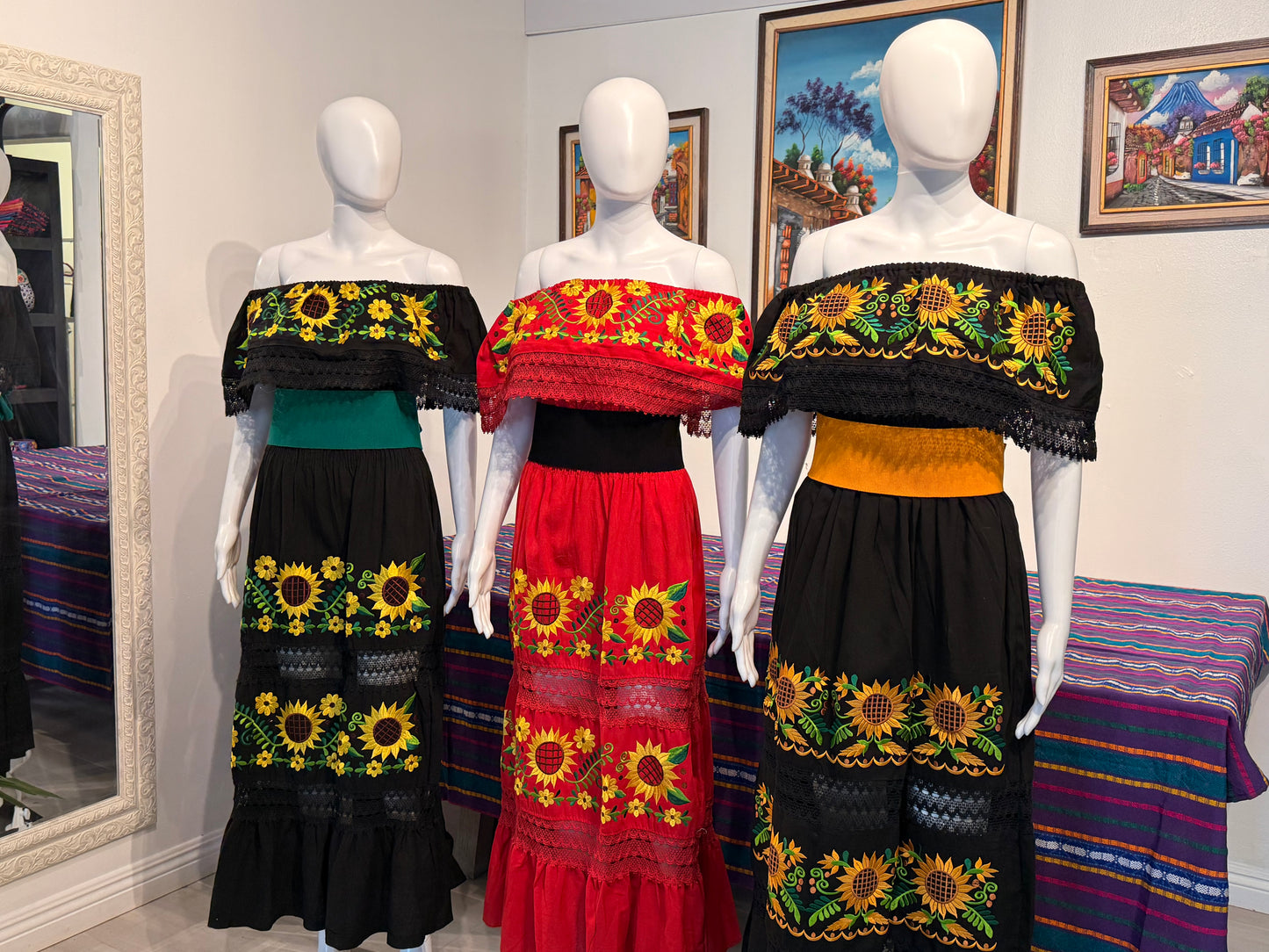 Women's Mexican Sunflower Embroidered Dress with Belt