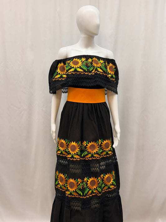 Women's Mexican Sunflower Embroidered Dress with Belt