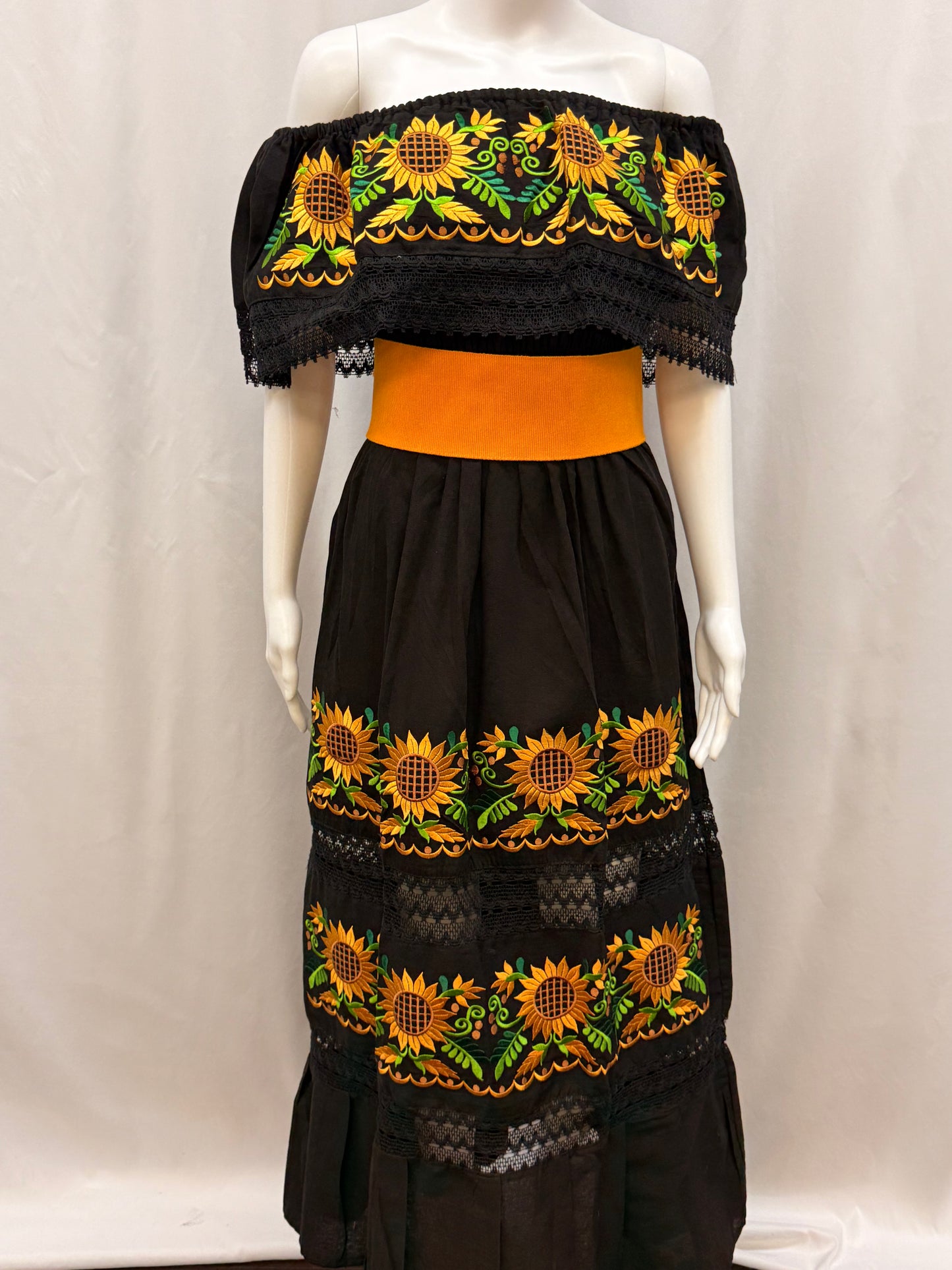 Women's Mexican Sunflower Embroidered Dress with Belt