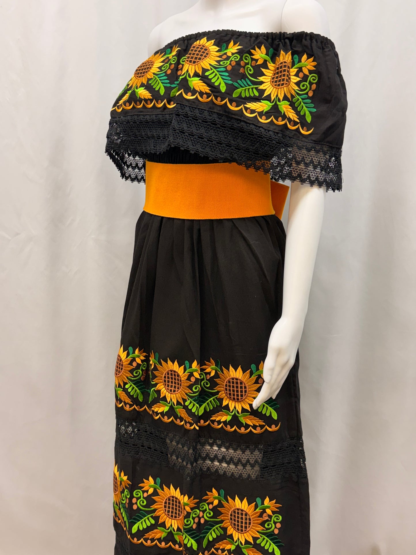 Women's Mexican Sunflower Embroidered Dress with Belt