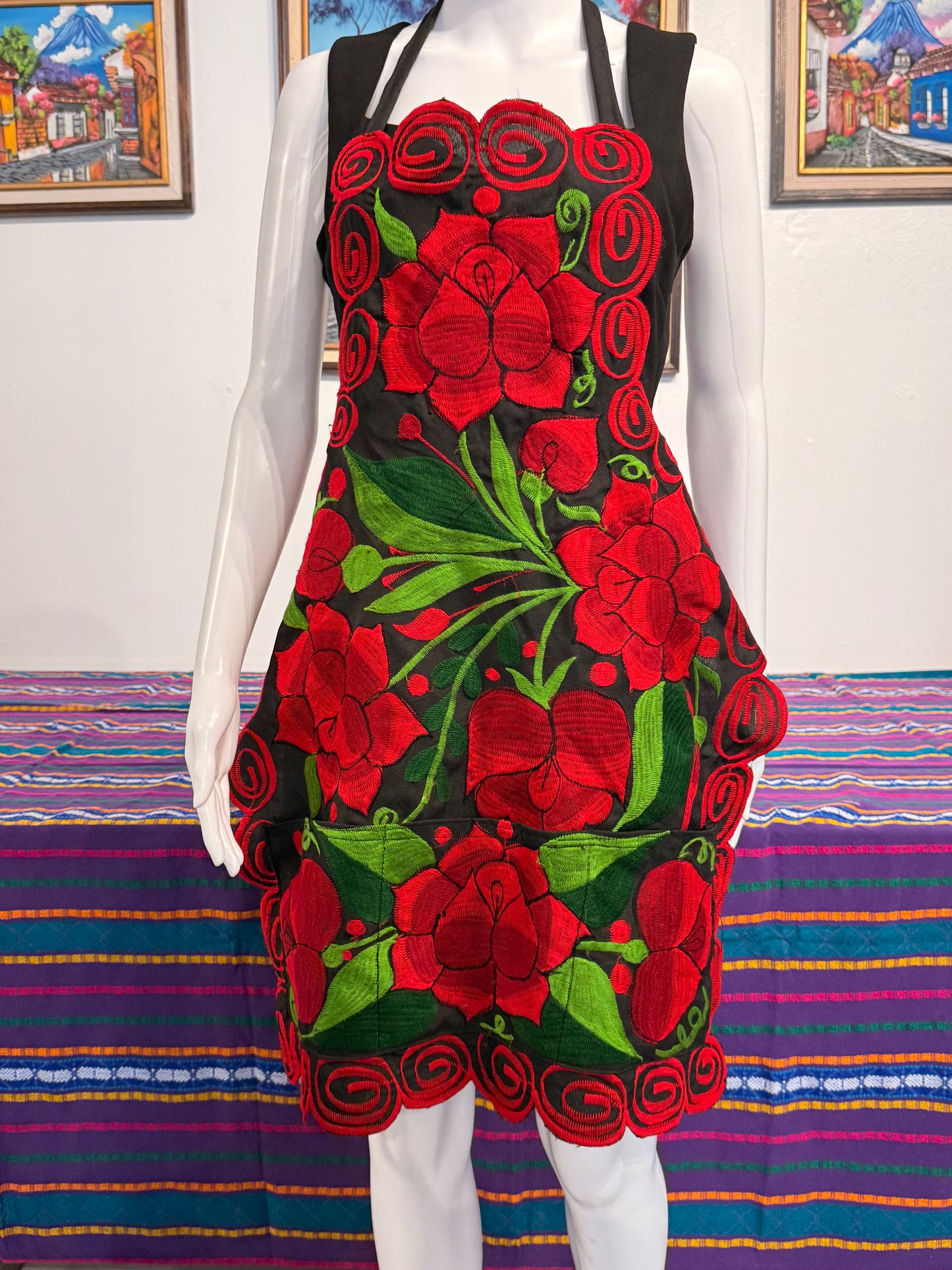 Women's Mexican Embroidered Red Roses Apron