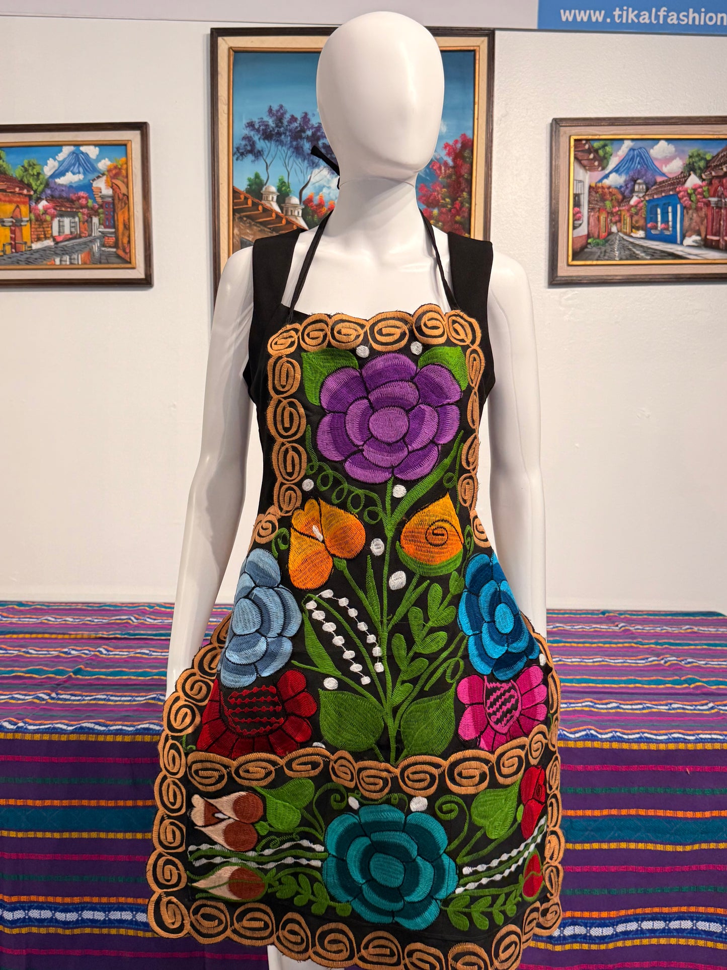 Women's Mexican Embroidered Floral Apron with Pockets