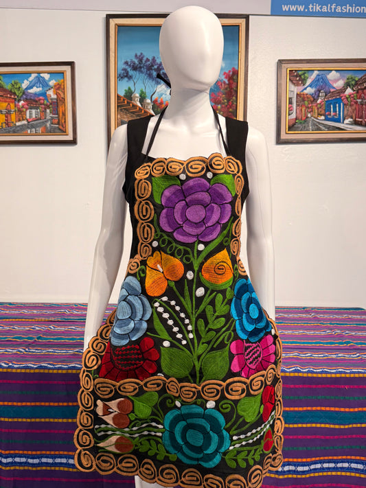 Women's Mexican Embroidered Floral Apron with Pockets