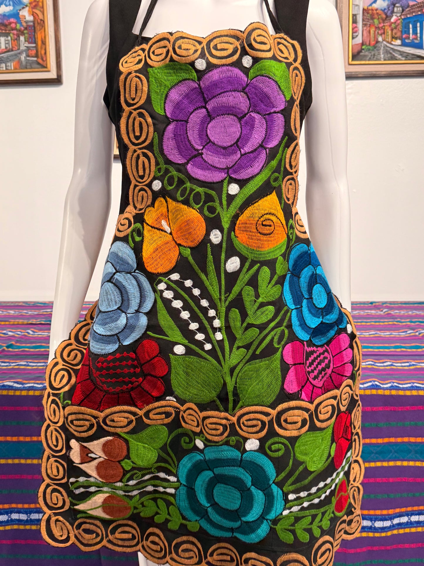 Women's Mexican Embroidered Floral Apron with Pockets