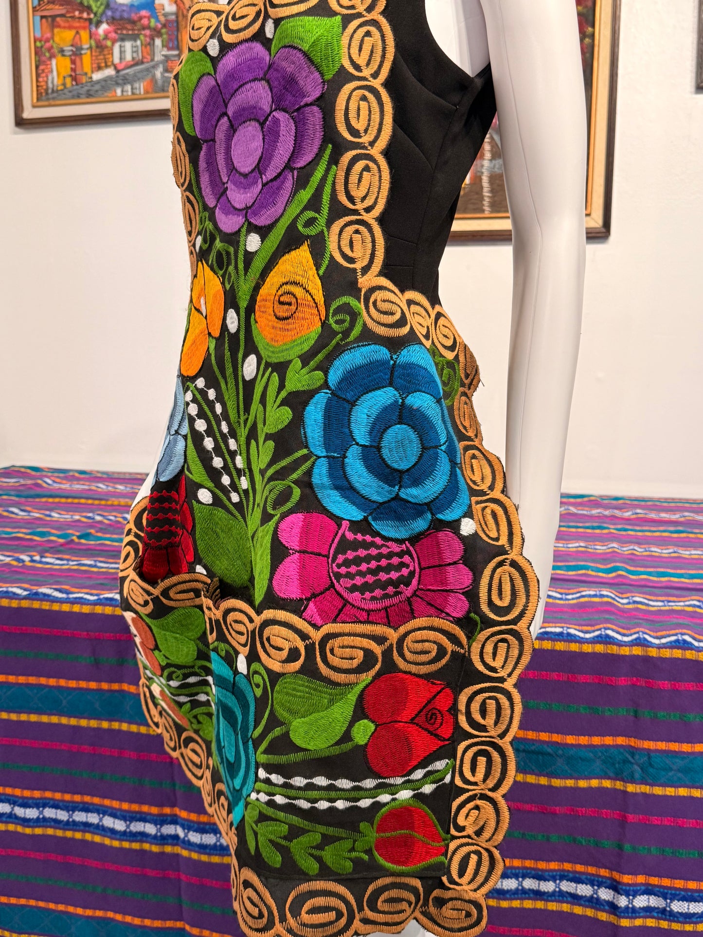 Women's Mexican Embroidered Floral Apron with Pockets