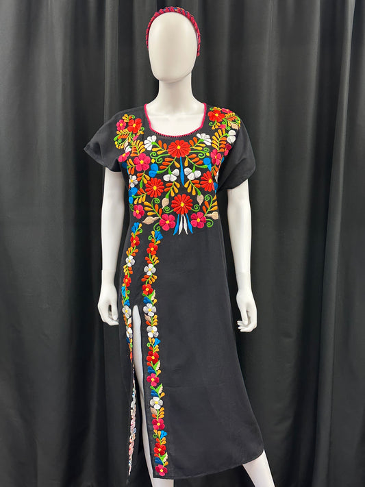 Women's Guatemalan Embroidered Long Dress with Slit Down the Leg