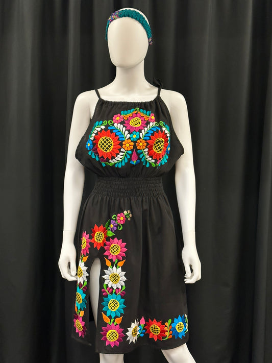 Women's Mexican Floral Halter Dress with Slit Down the Leg