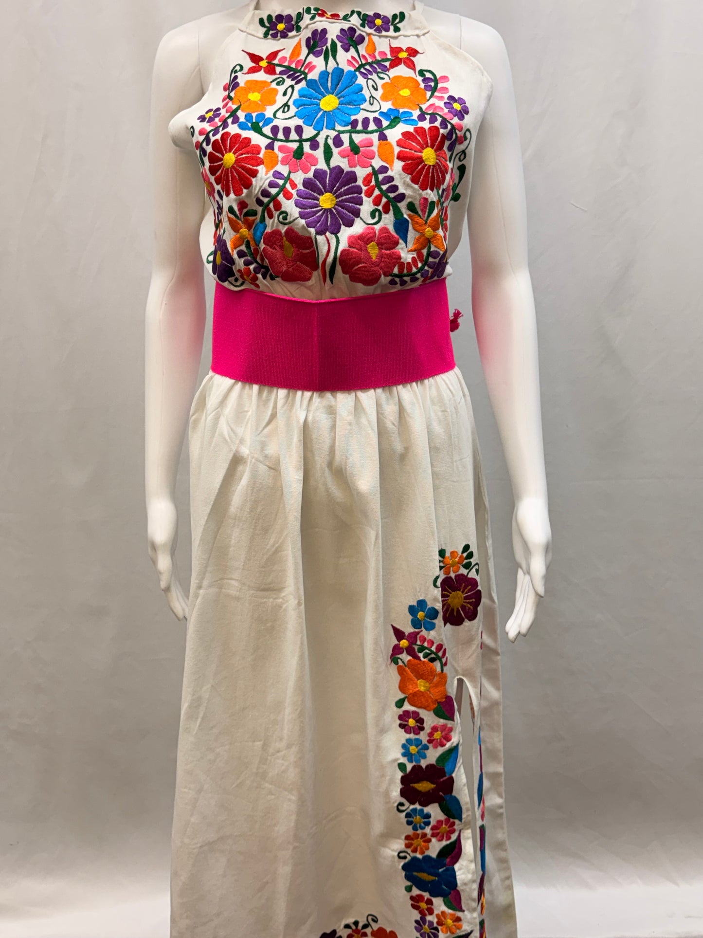 Women's Mexican Embroidered Halter Dress with Slit