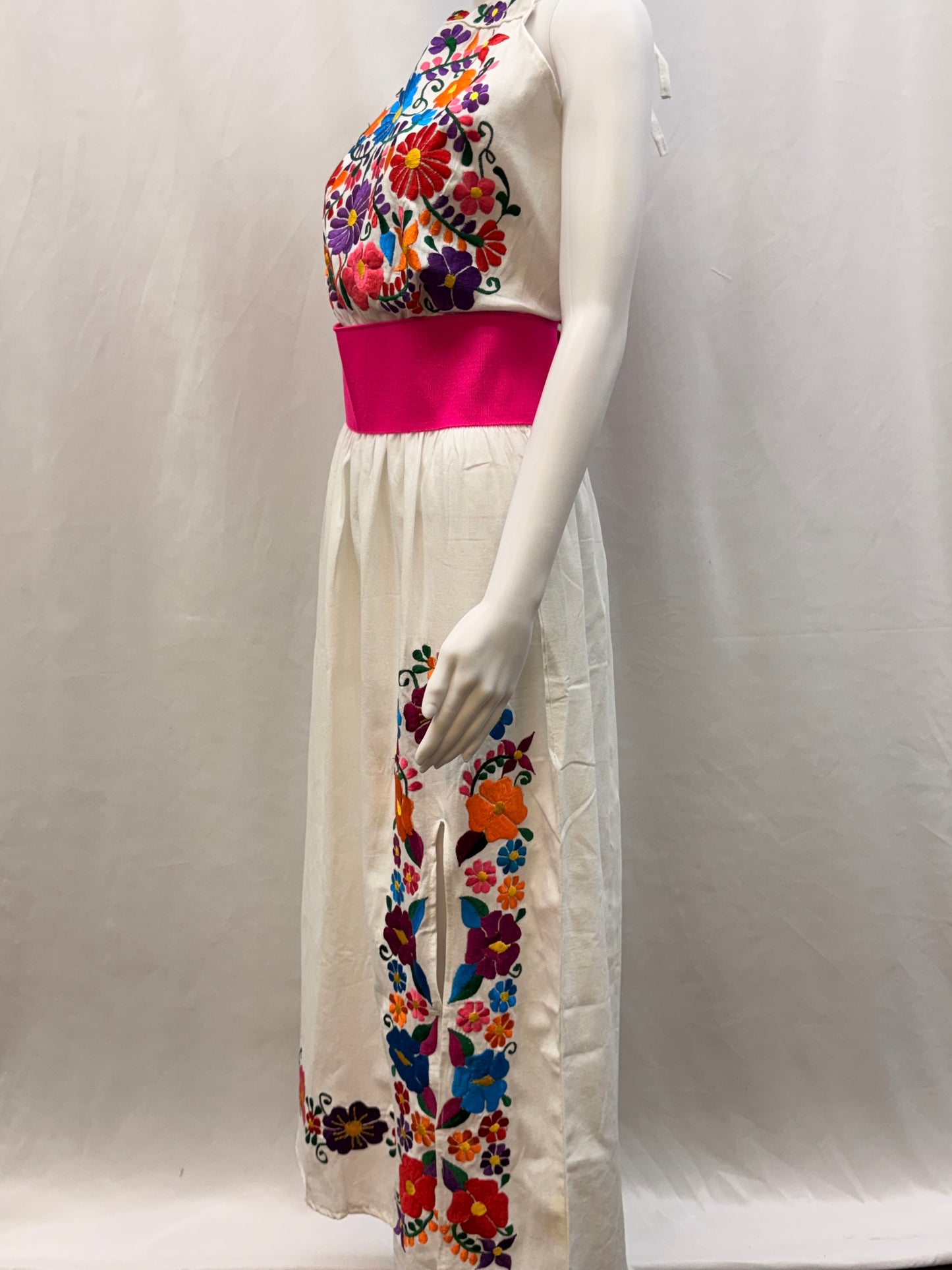 Women's Mexican Embroidered Halter Dress with Slit
