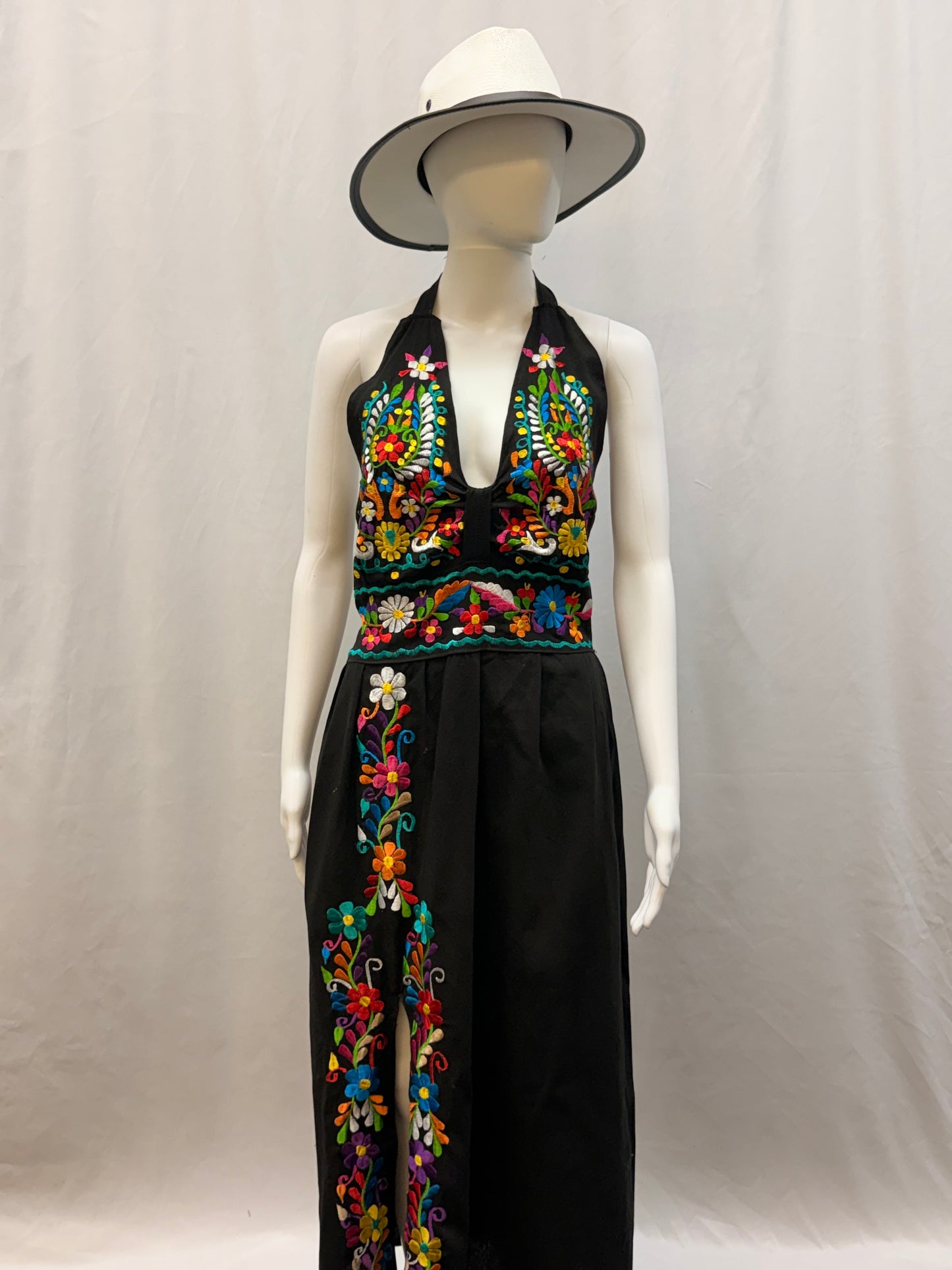 Women's Mexican Embroidered Halter Dress with Slit